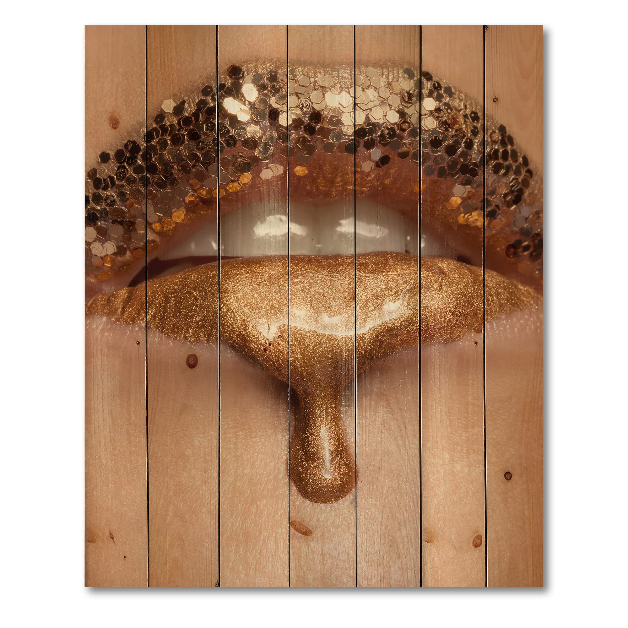 DesignQ Gold Liquid Lips Modern Wood Wall Art - Contemporary Large Wood Wall Decor Panels Printed on Natural Pine - Perfect for Living Room, Bedroom & Office Decor