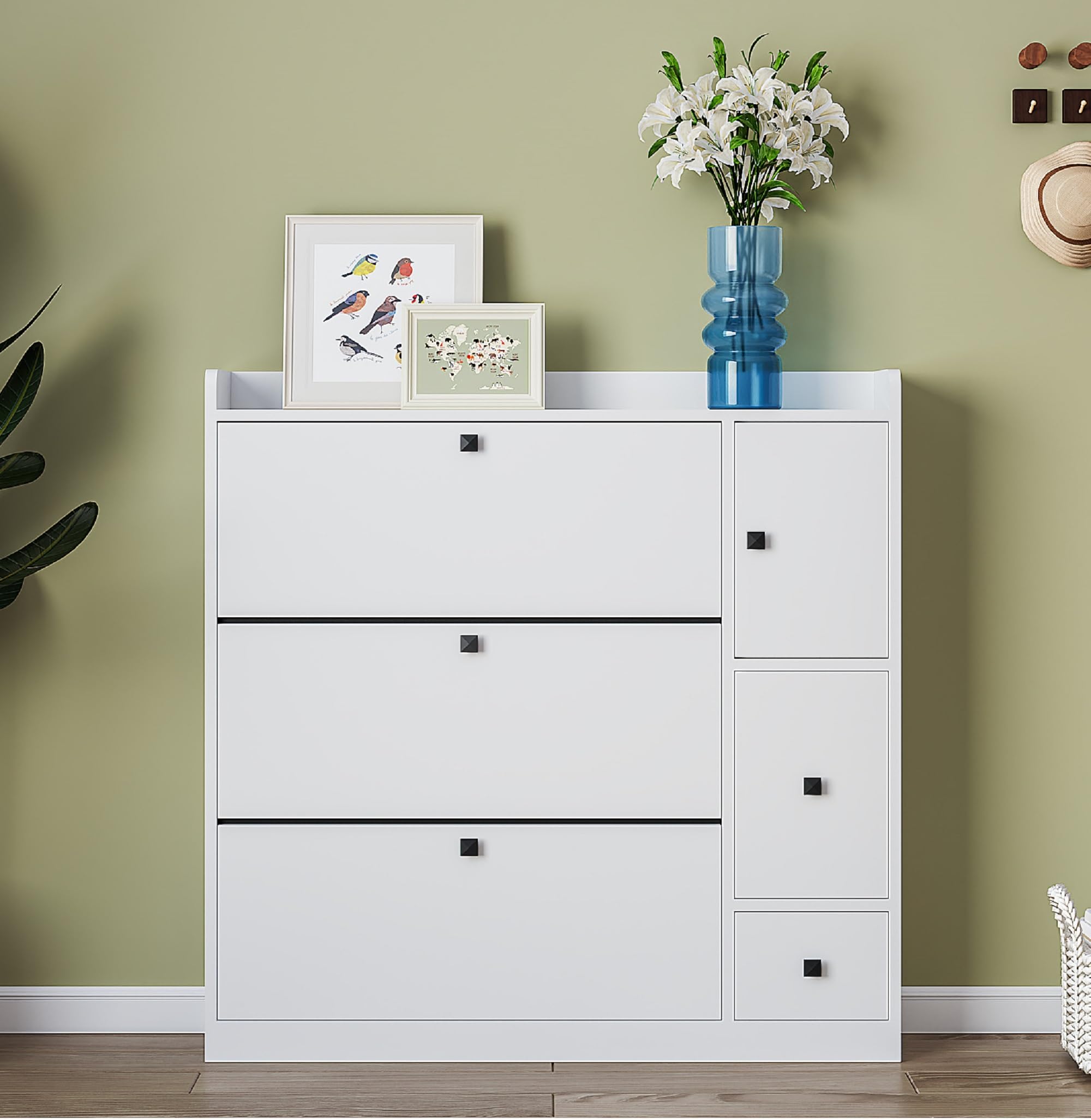 3-Tier Flip-Drawer Shoe Storage Cabinet with Bench - Freestanding Entryway Shoe Organizer for Hallway, Living Room & Apartment - Perfect for Small Spaces & Clutter-Free Home (White)