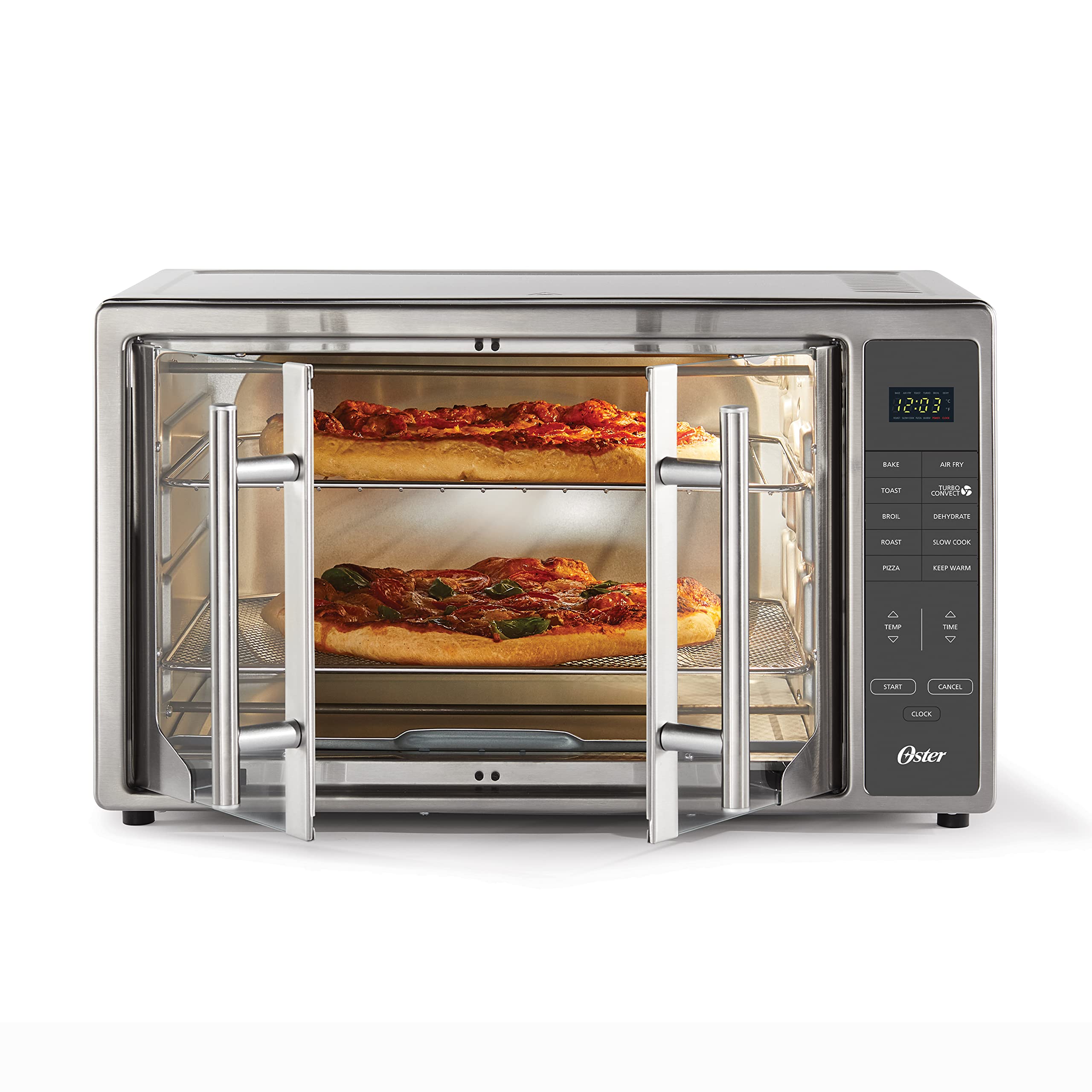 Oster 10-in-1 Air Fryer Toaster Oven with XL Capacity - Stainless Steel French Door Design - Fits 2 Pizzas - Perfect for Family Cooking, Baking, and Healthy Air Frying