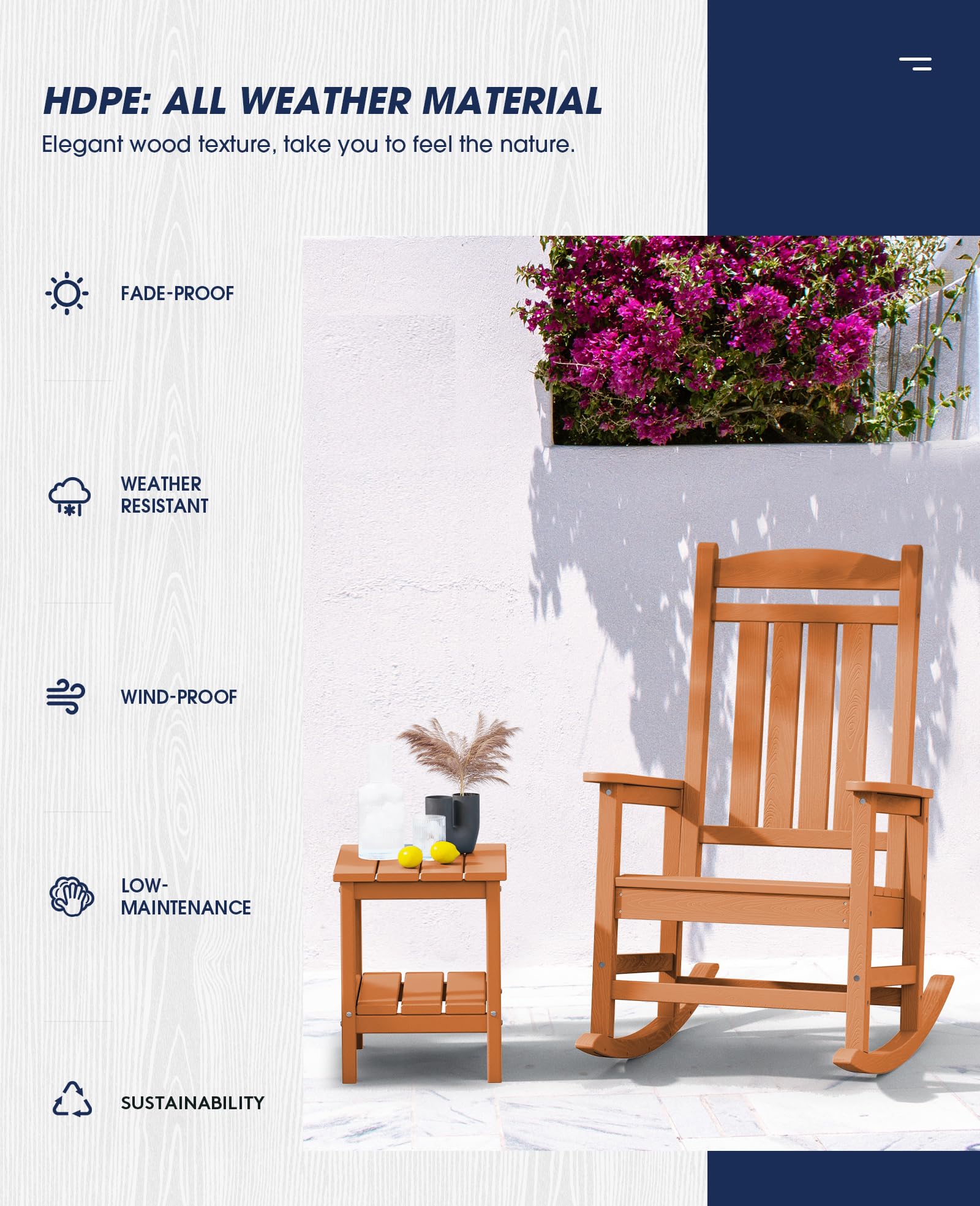 KINGYES Outdoor Rocking Chairs for Patio - Weather Resistant High Back Porch Rocker with Comfortable Cushion for Adults - Perfect for Garden, Backyard, Deck & Poolside Relaxation (Orange)