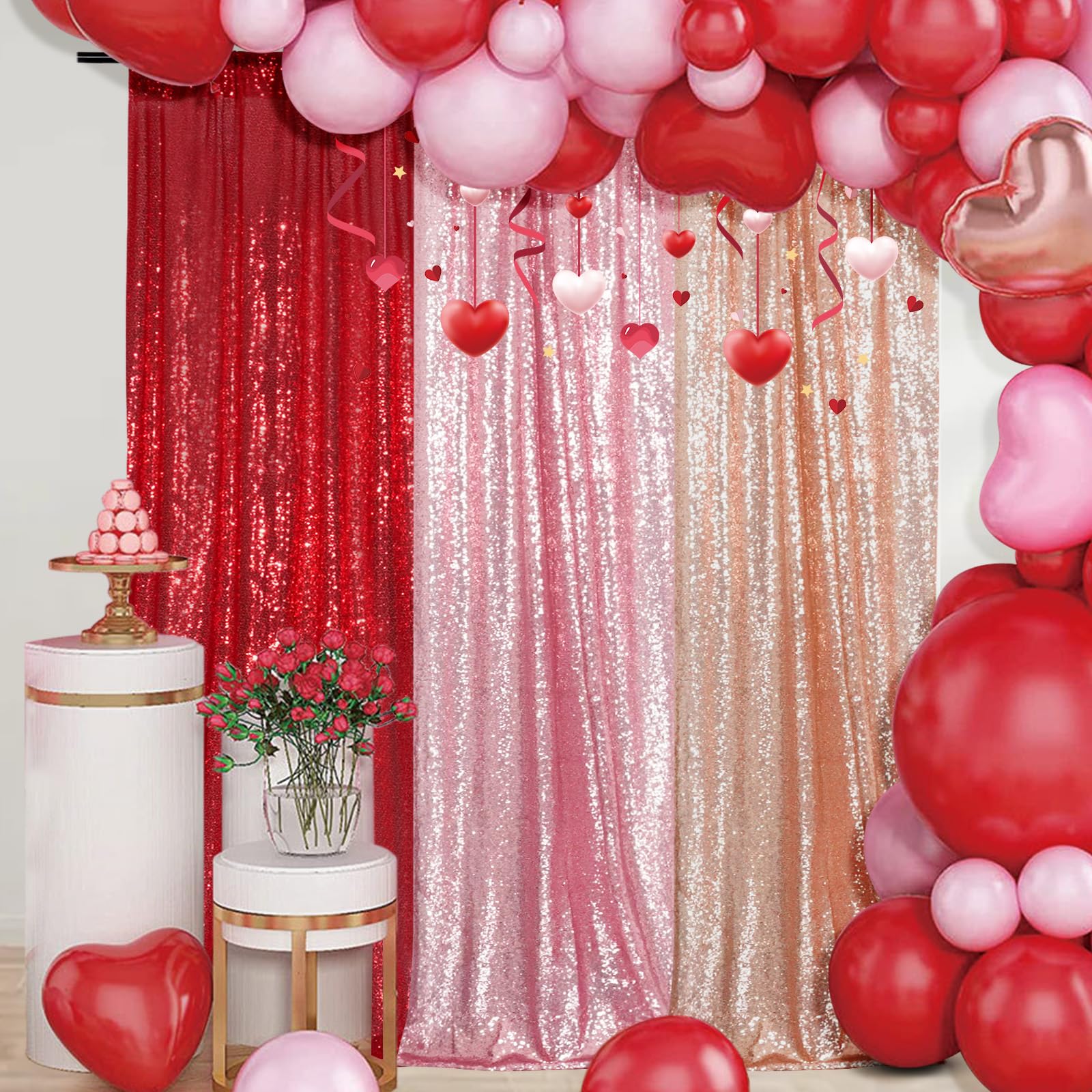 Juya Delight Rose Pink Sequin Photo Backdrop - 2ft x 8ft Glitter Curtain for Wedding, Birthday Party, Baby Shower Decorations - 2 Pack Sparkling Rose Gold Background for Photography & Event Decor