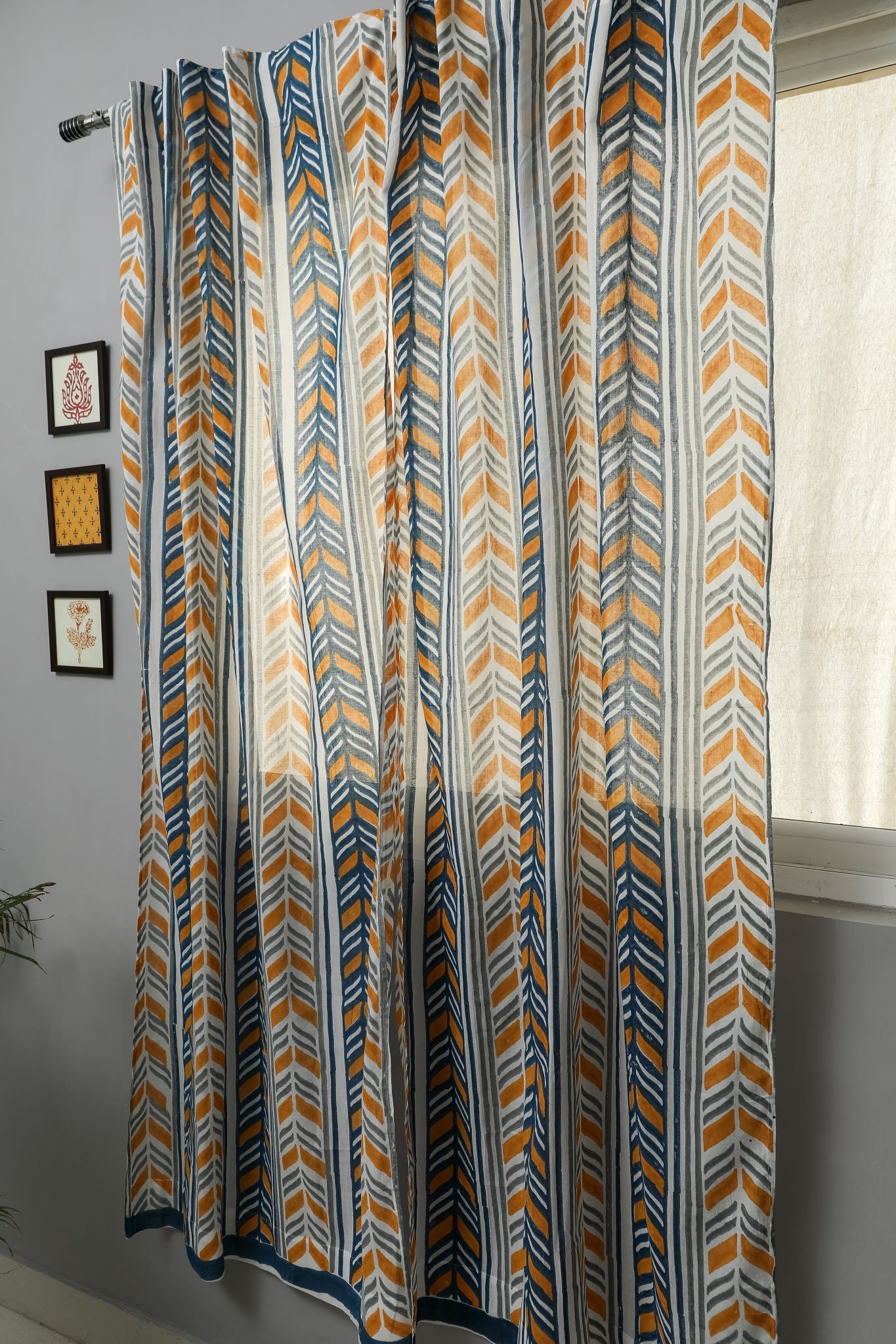 Handblock Printed Cotton Window Curtains - SootiSyahi Chevron Anchor Design | Elegant Home Decor for Living Room & Bedroom