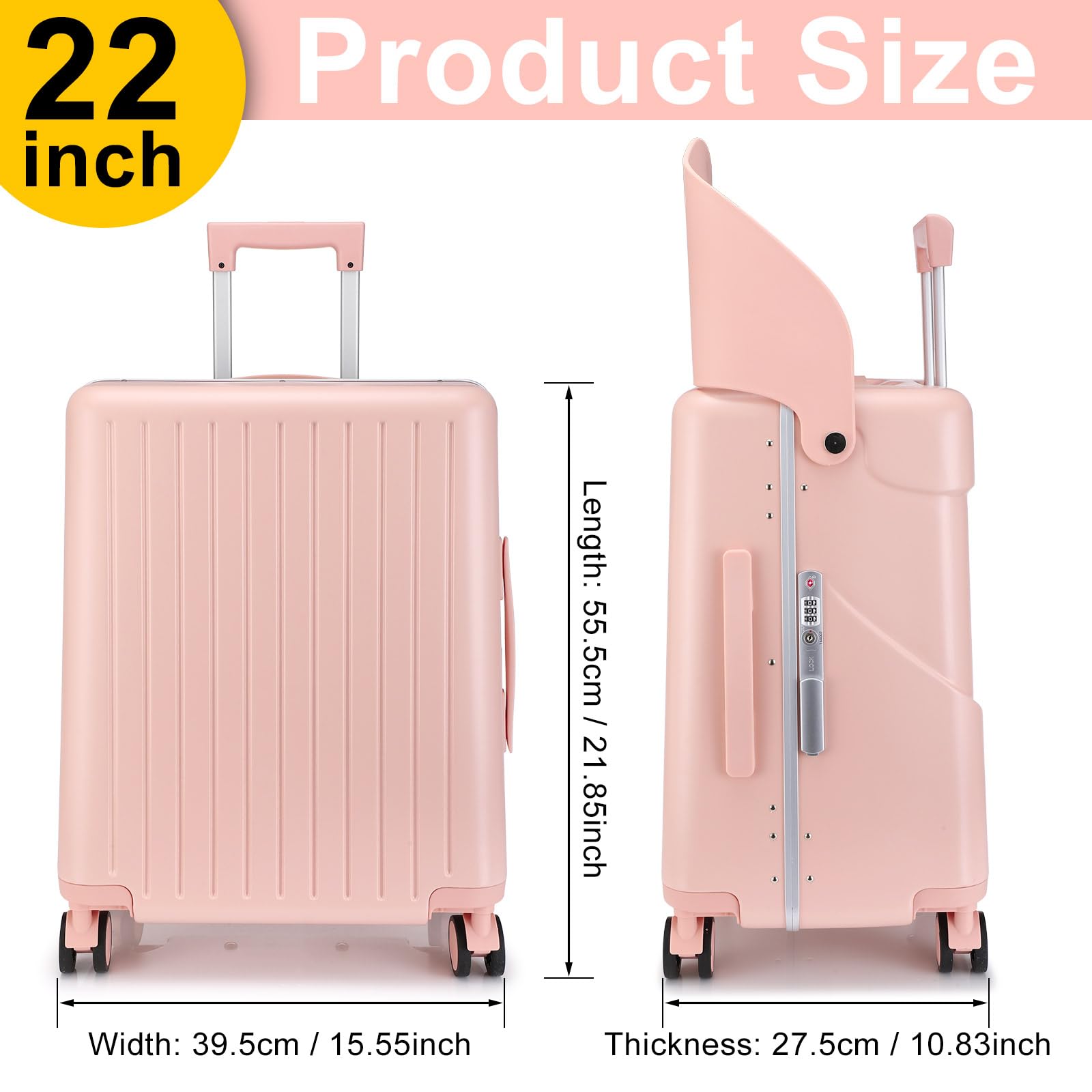 22 Inch Kids Ride-On Carry-On Luggage with Seat - Expandable Spinner Wheel Suitcase with TSA Lock for Air Travel - Pink (Perfect for Family Vacations & Airport Adventures)