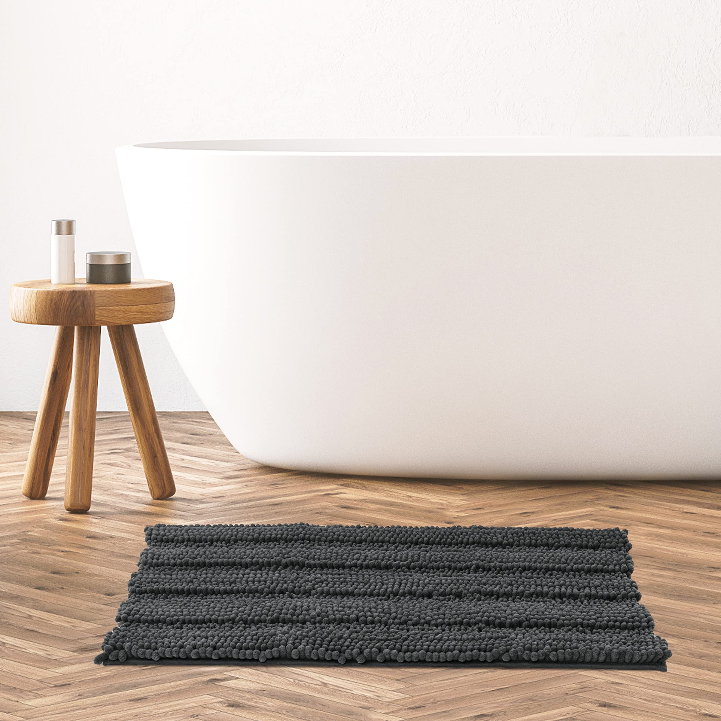 SUBRTEX Soft Striped Plush Bathroom Rug - Absorbent Quick-Drying Bath Mat for Shower & Bathroom Floor - Machine Washable Non-Slip Bath Mat (Gray, 18