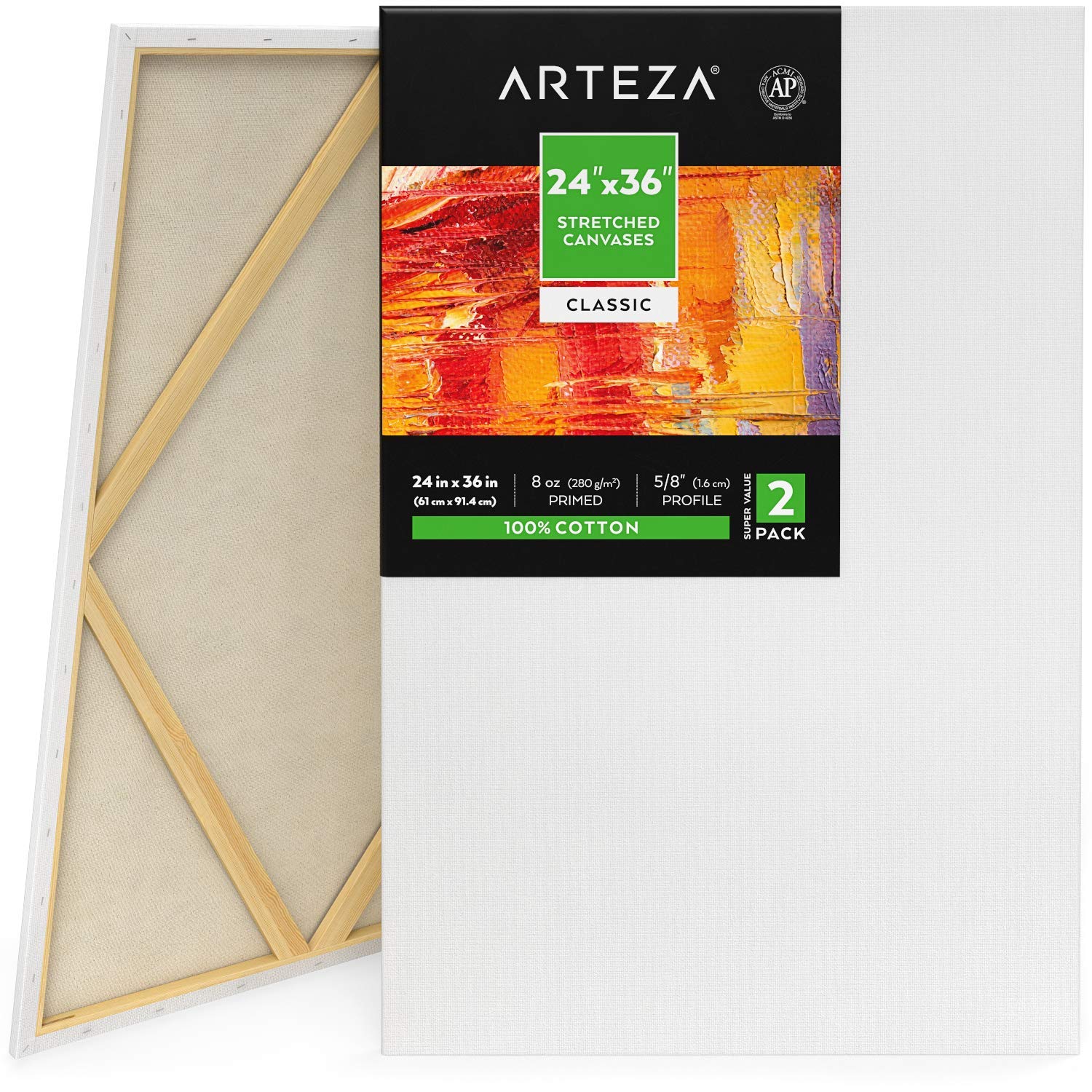 Arteza Stretched Canvas for Painting - Pack of 2, 24x36 Inches (61x91.4 cm), 8-oz Gesso Primed 100% Cotton Large Artist Canvases for Acrylic Painting, Oil & Pouring Art - Perfect for Studio, Classroom & Home Art Projects - White