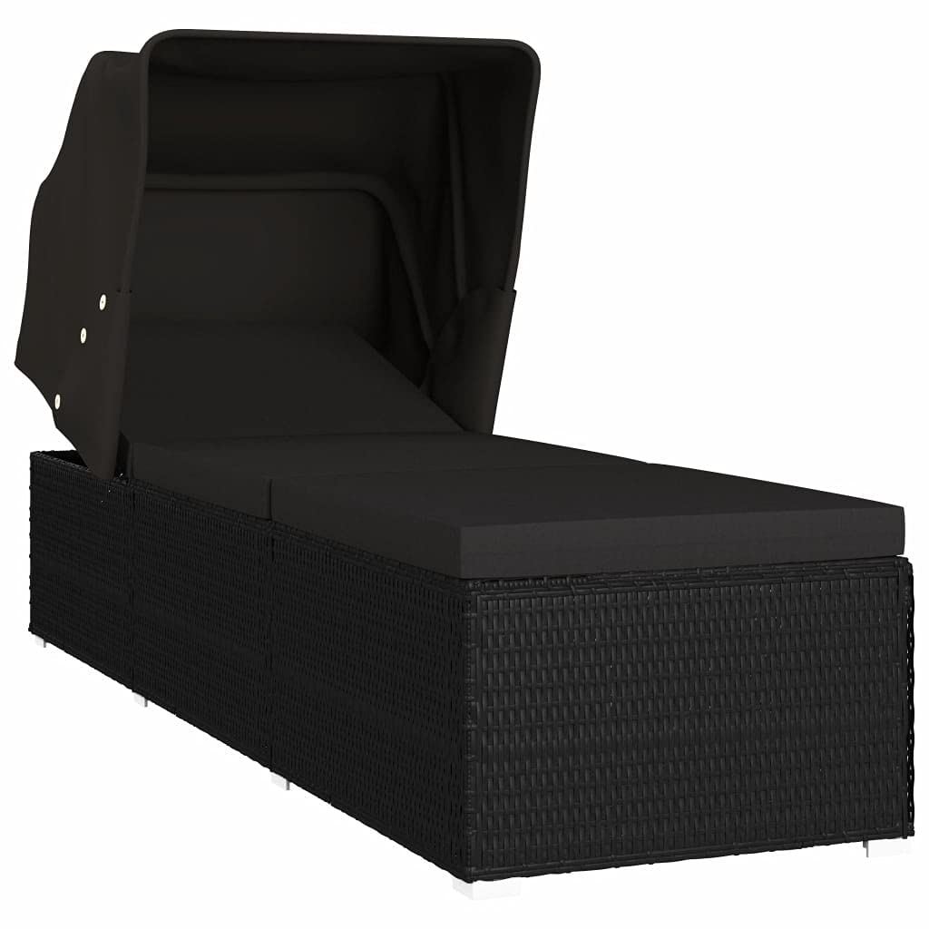 Outdoor Sunbed Patio Furniture - Black Poly Rattan Sun Lounger with Canopy & Cushion | Fast Shipping | Perfect for Poolside, Garden & Backyard Relaxation
