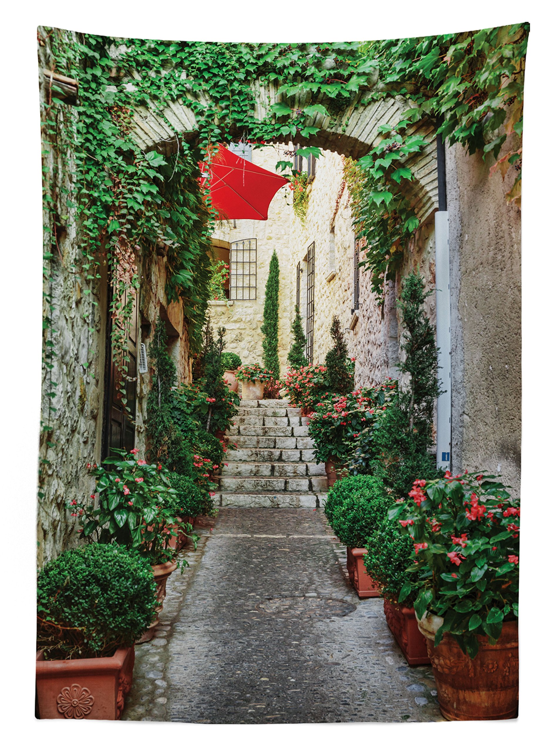 Ambesonne Mediterranean Outdoor Tablecloth - Narrow Street with Flowers Rural Wine Town in Southern France Provinces Print, Decorative Washable Picnic Table Cover 58