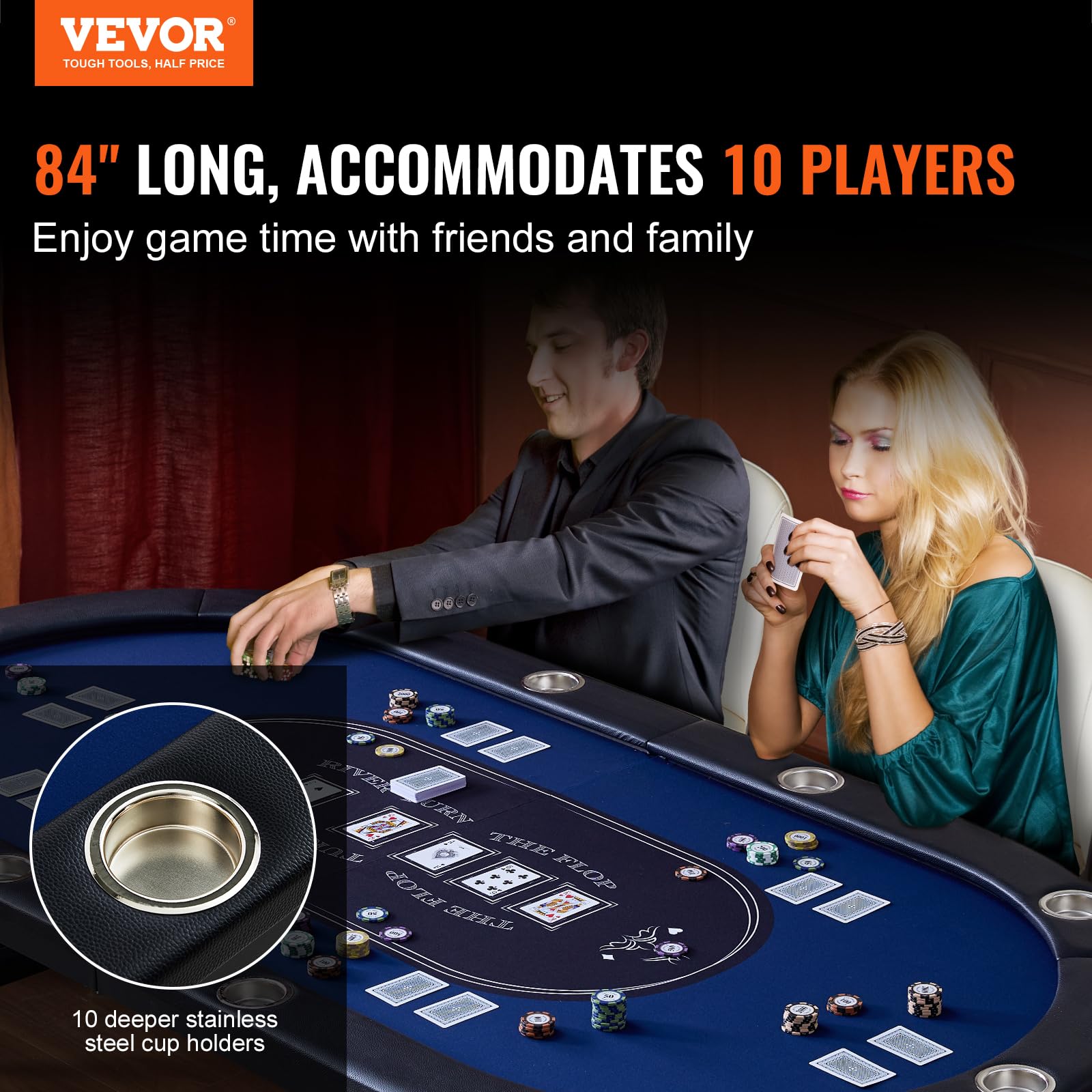 VEVOR 10 Player Foldable Poker Table - Portable Texas Holdem & Blackjack Game Table with Padded Rails, Stainless Steel Cup Holders - 84 Inch Blue Casino Table for Home Game Nights & Poker Parties