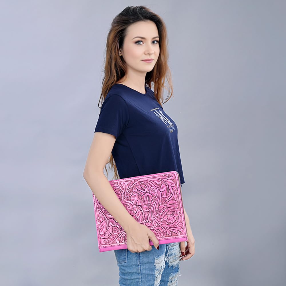 American Darling Hand-Tooled Genuine Leather Western Women's Portfolio Bag in Pink - Stylish Leather Sketchbook Holder for Students, Artists & Professionals | Perfect for School, Office & Art Classes