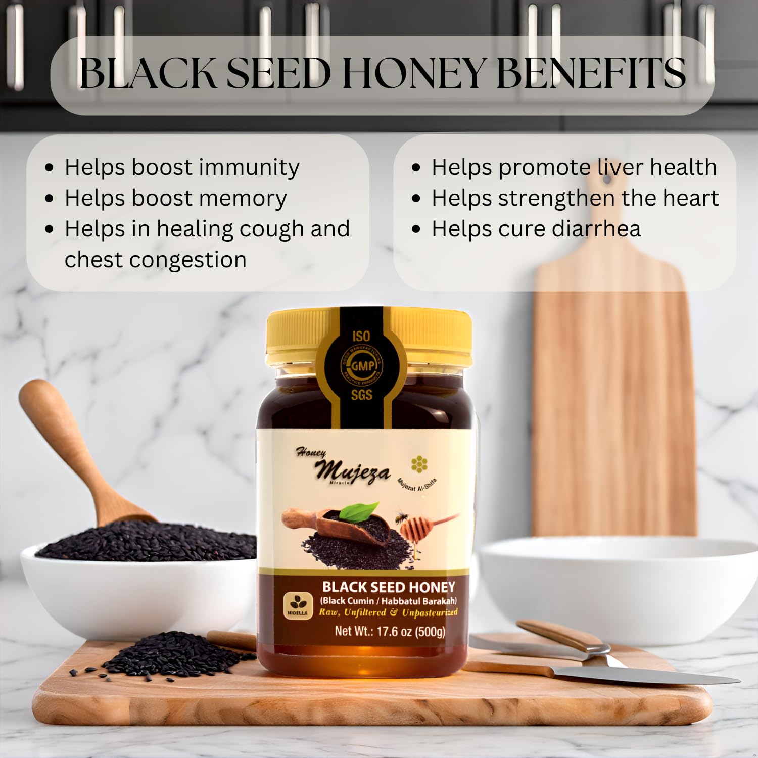 Premium Organic Black Seed Honey - 100% Natural Raw, Non-GMO, Gluten-Free (Pack of 6, 17.6oz Each) - Immune System Booster, Cold & Allergy Relief - Perfect for Tea, Toast & Healthy Recipes