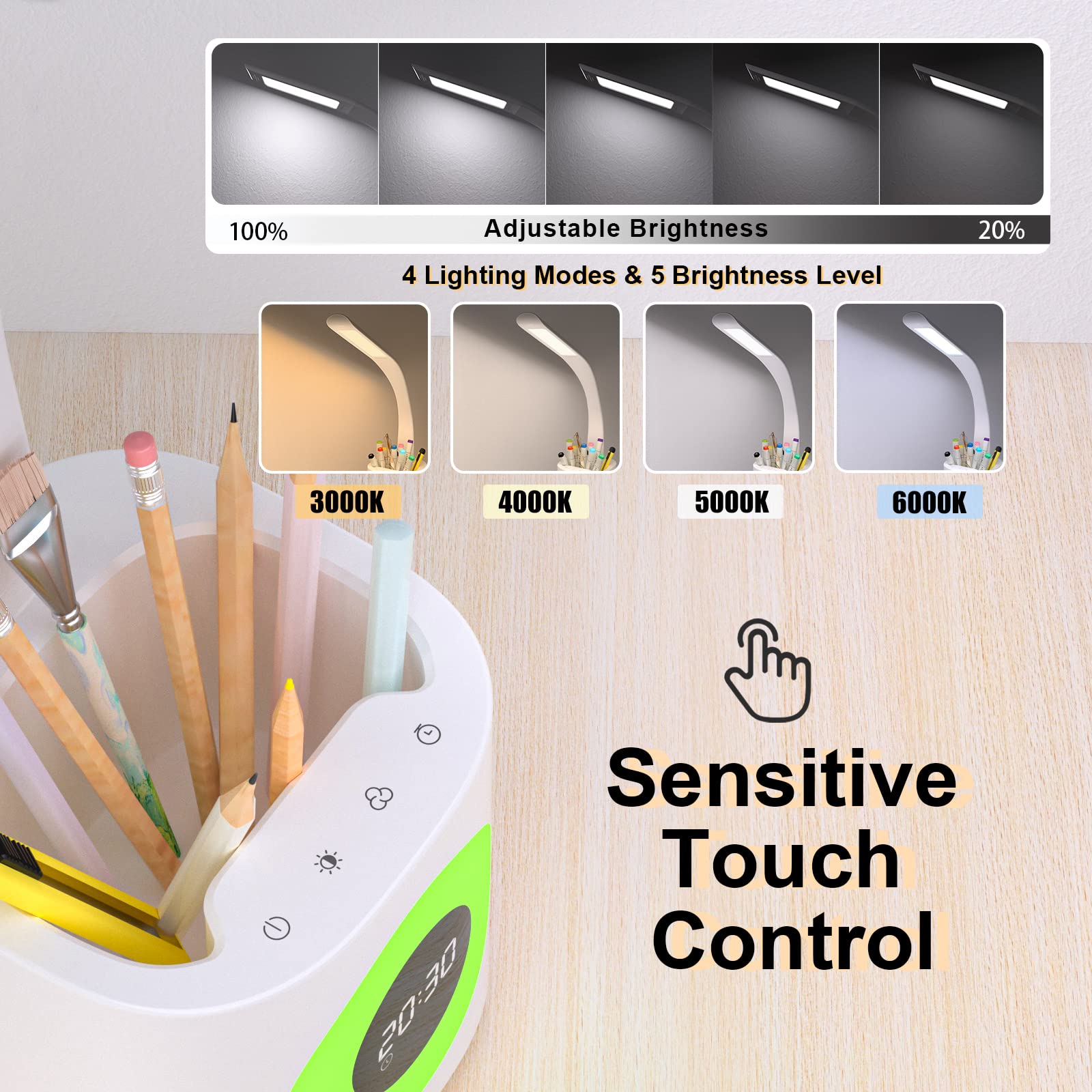 YOUKOYI LED Desk Lamp with Clock - 10W Dimmable Study Light with 4 Modes & 5 Brightness Levels, Color Changing Nightlight & Pen Holder - Perfect for Kids' Study Room, Home Office & Gift Giving