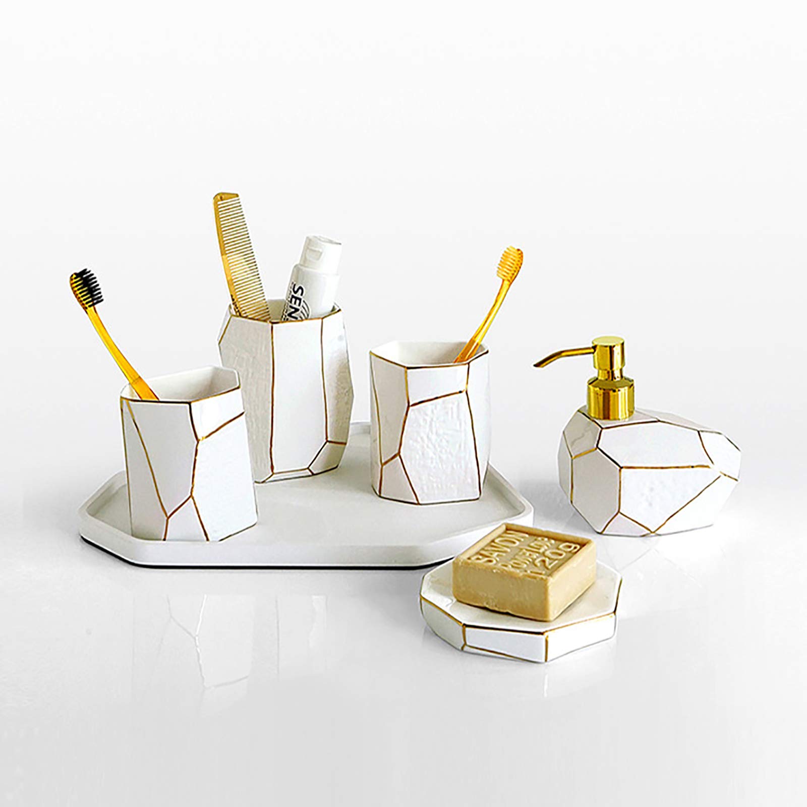 QWASZ 5-Piece Ceramic Bathroom Countertop Set - Soap Dispenser, Soap Dish, Toothbrush Holder & 2 Cups | Modern Bath Accessories for Vanity Organization | Perfect for Home, Hotel & Spa Decor