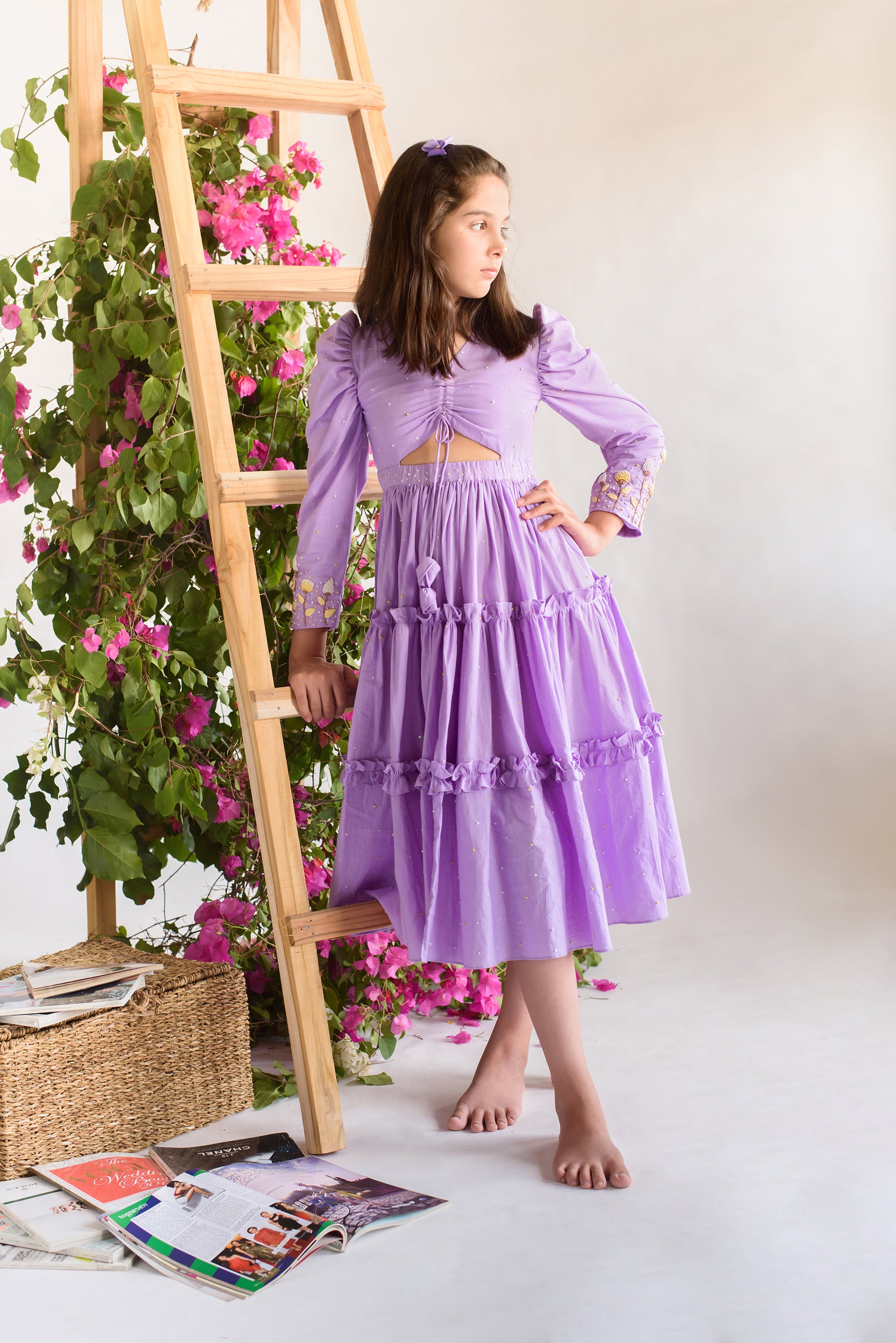 Layered Sage Green Embroidered Organic Cotton Dress for Girls - Perfect for Summer Outfits, Parties & Special Occasions