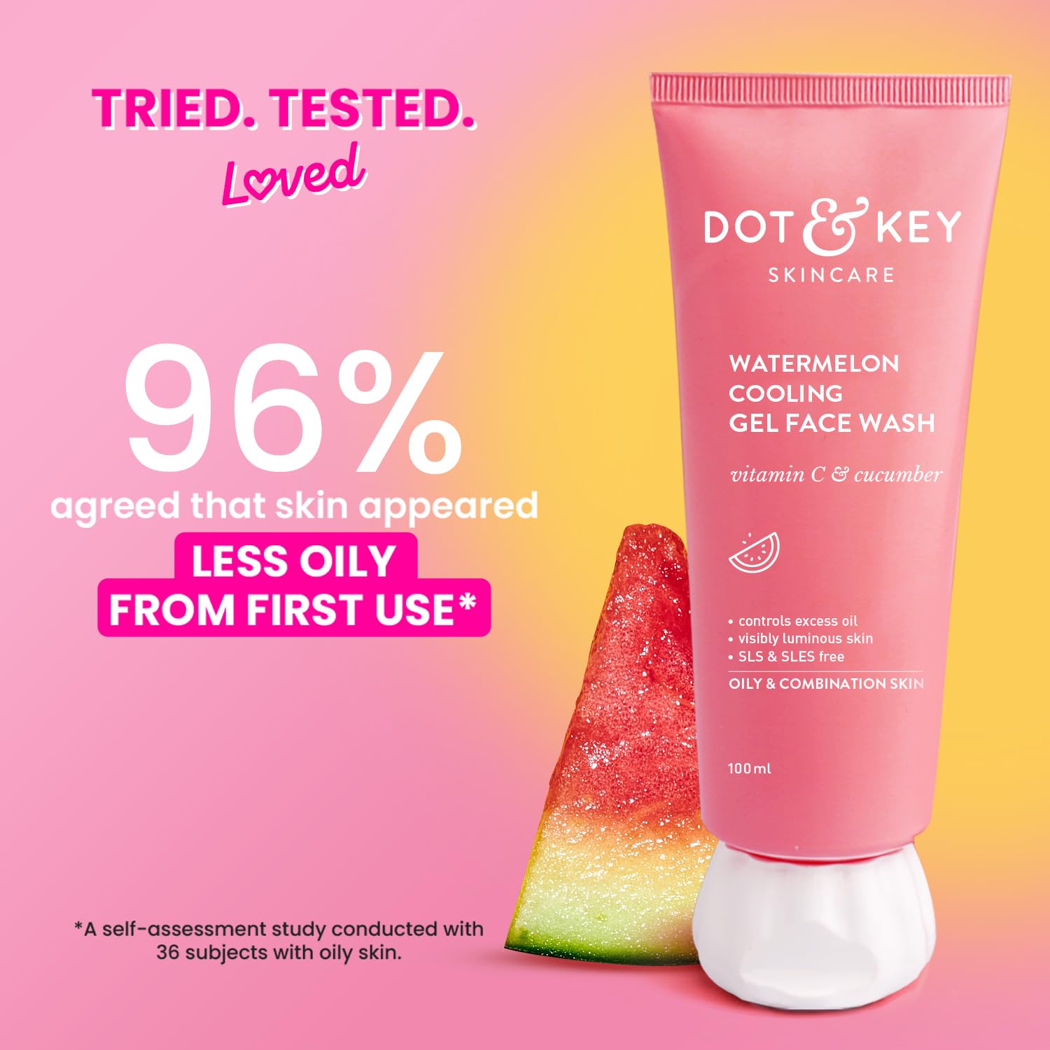 Dot & Key Watermelon Cooling Gel Face Wash with Vitamin C & Cucumber - Oil-Free Cleanser for Glowing Skin | Removes Excess Oil & Dirt | Suitable for Combination & Oily Skin - Men & Women | 100ml | Perfect for Summer Skincare & Daily Refreshing Routine