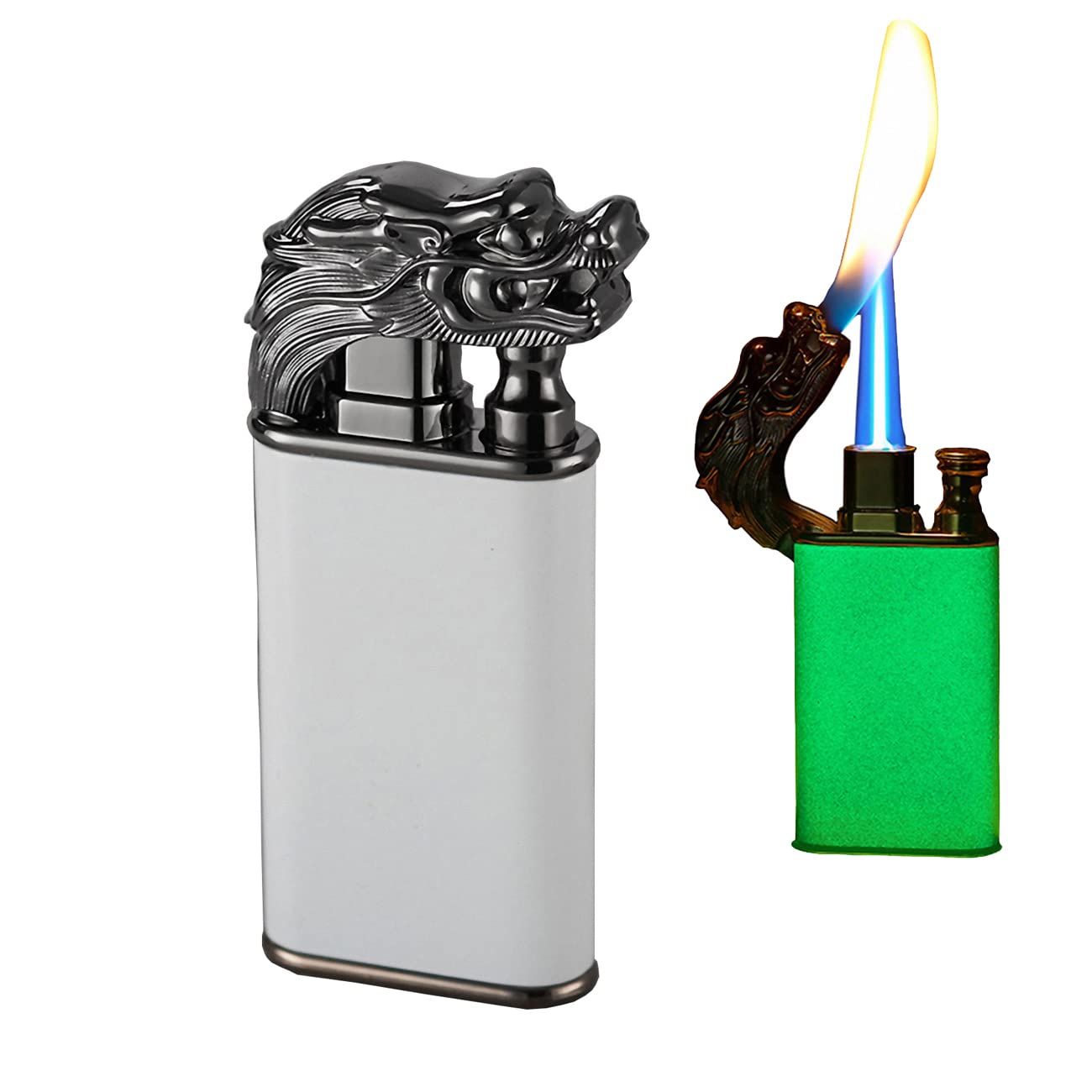 Dual Flame Lighter - Windproof Butane Torch for Men (White Dragon) - Perfect for Camping & Gifts