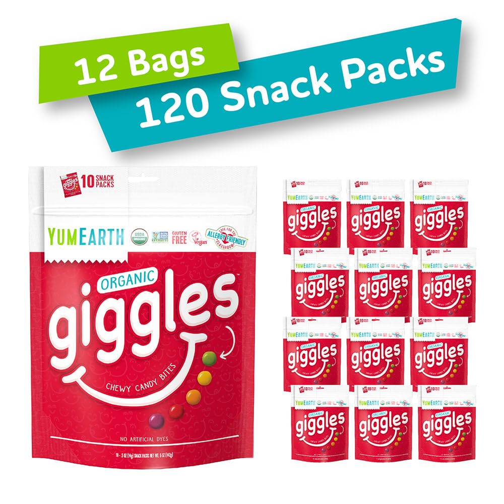 YumEarth Organic Giggles Chewy Candy - Allergy Friendly, Vegan, Non-GMO, Gluten Free Fruit Snacks with No Artificial Dyes or Flavors - 0.5oz (120 Pack) - Perfect for School Lunches, Birthday Parties & Healthy Treats