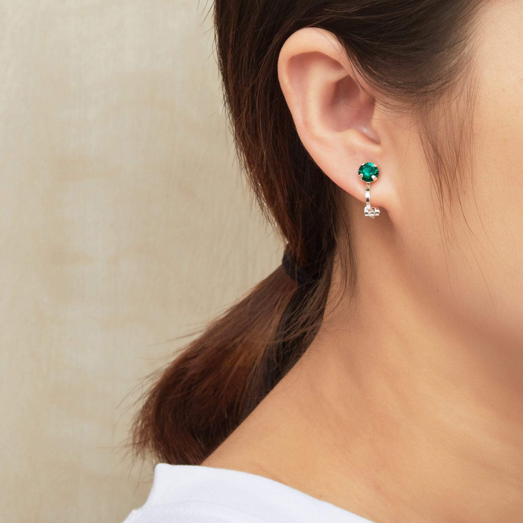 Emerald Birthstone Clip-On Earrings with Zirconia for May Birthdays & Gifts