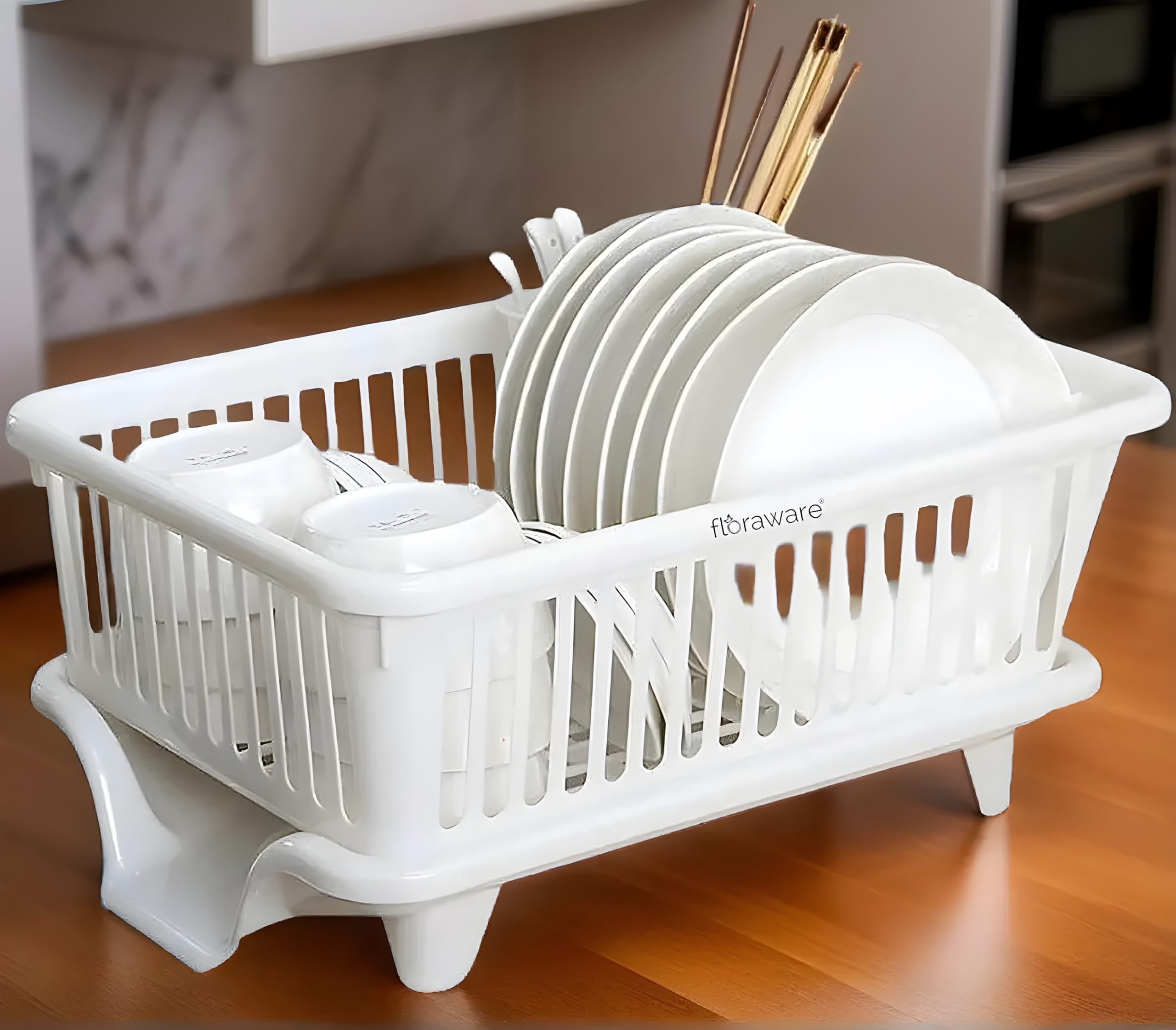 Floraware 3-in-1 Large Glossy Plastic Utensil Basket - Durable, Lightweight & Unbreakable Modular Design with Spoon Holder & Removable Dish Drainer - Kitchen Organizer & Drying Rack (White) - Perfect for Small Kitchens, RVs & Apartment Dish Organization