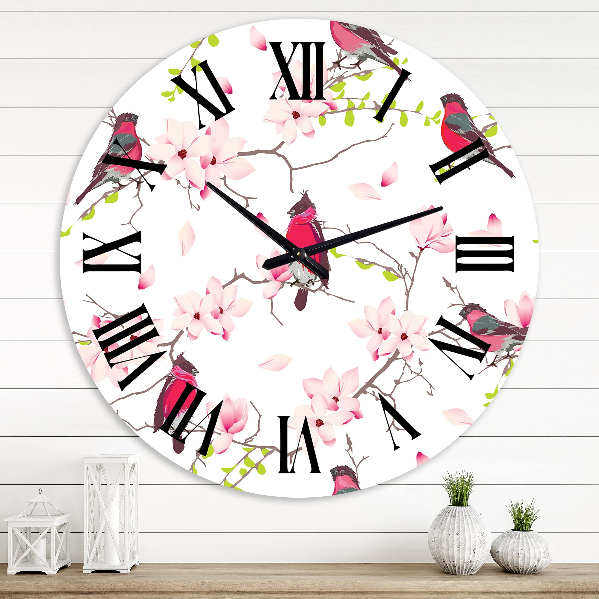 DesignQ Traditional Wall Clock 'Red Bullfinches On Magnolia Tree' - Large Decorative Wall Clock with Nature Scene - Perfect for Living Room, Bedroom & Office Decor
