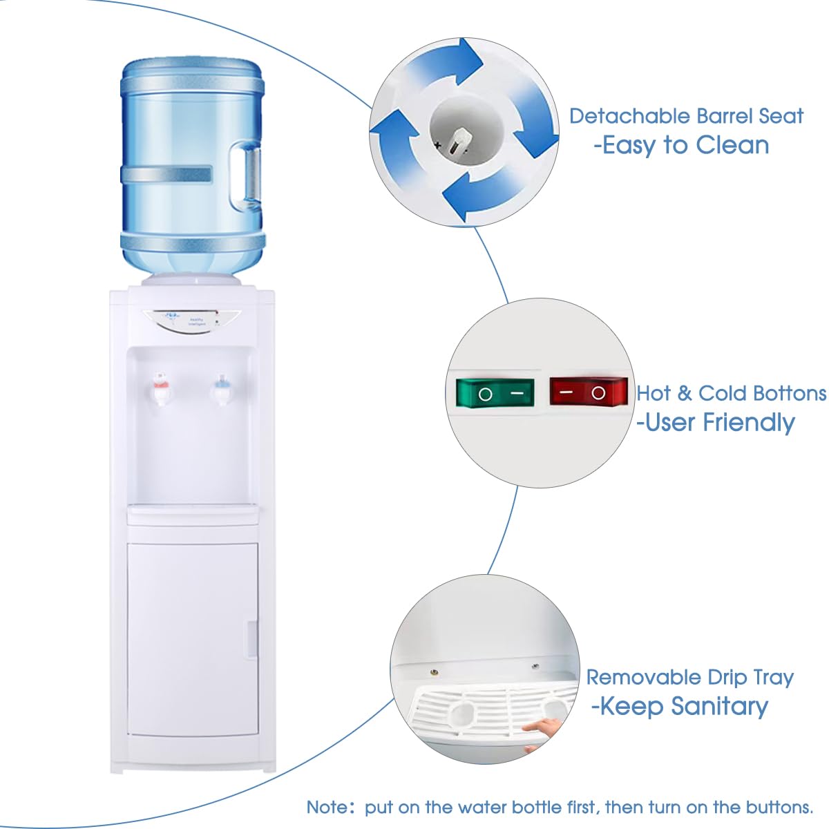 5 Gallon Water Cooler Dispenser with Hot & Cold Water - Top-Loading, Child-Safe Design with Removable Drip Tray & Storage Cabinet - Perfect for Home, Office, Schools & Events (White)