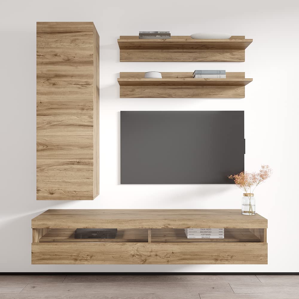 Modern Oak Wall-Mounted TV Stand with Storage Shelves & LED Lights - Floating Entertainment Center Console for Living Room & Bedroom - Perfect for Small Spaces & Home Theater Setup - Meble H1 35