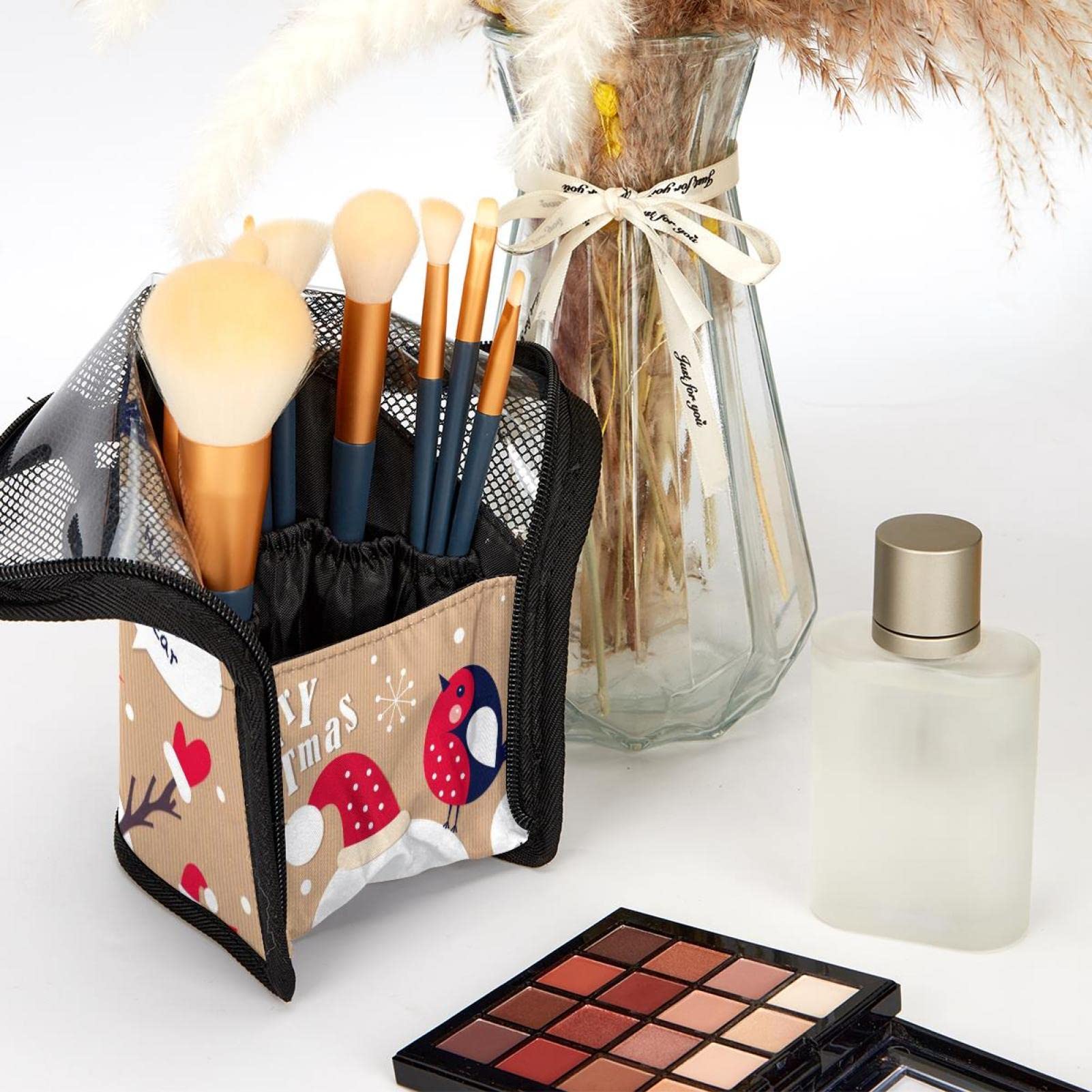 Premium 12-Piece Makeup Brush Organizer Bag with Christmas Snowman Bird Design - Portable Travel Brush Holder Case for Professional & Home Makeup Artists | Perfect for Travel, Salon, and Daily Beauty Routine