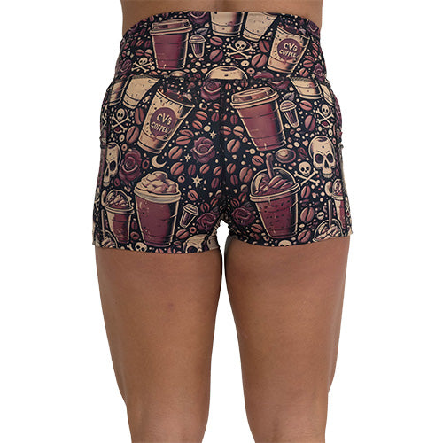 Women's High Waisted Workout Shorts - Caffeine Queen - Comfortable & Breathable for Running, Yoga & Gym
