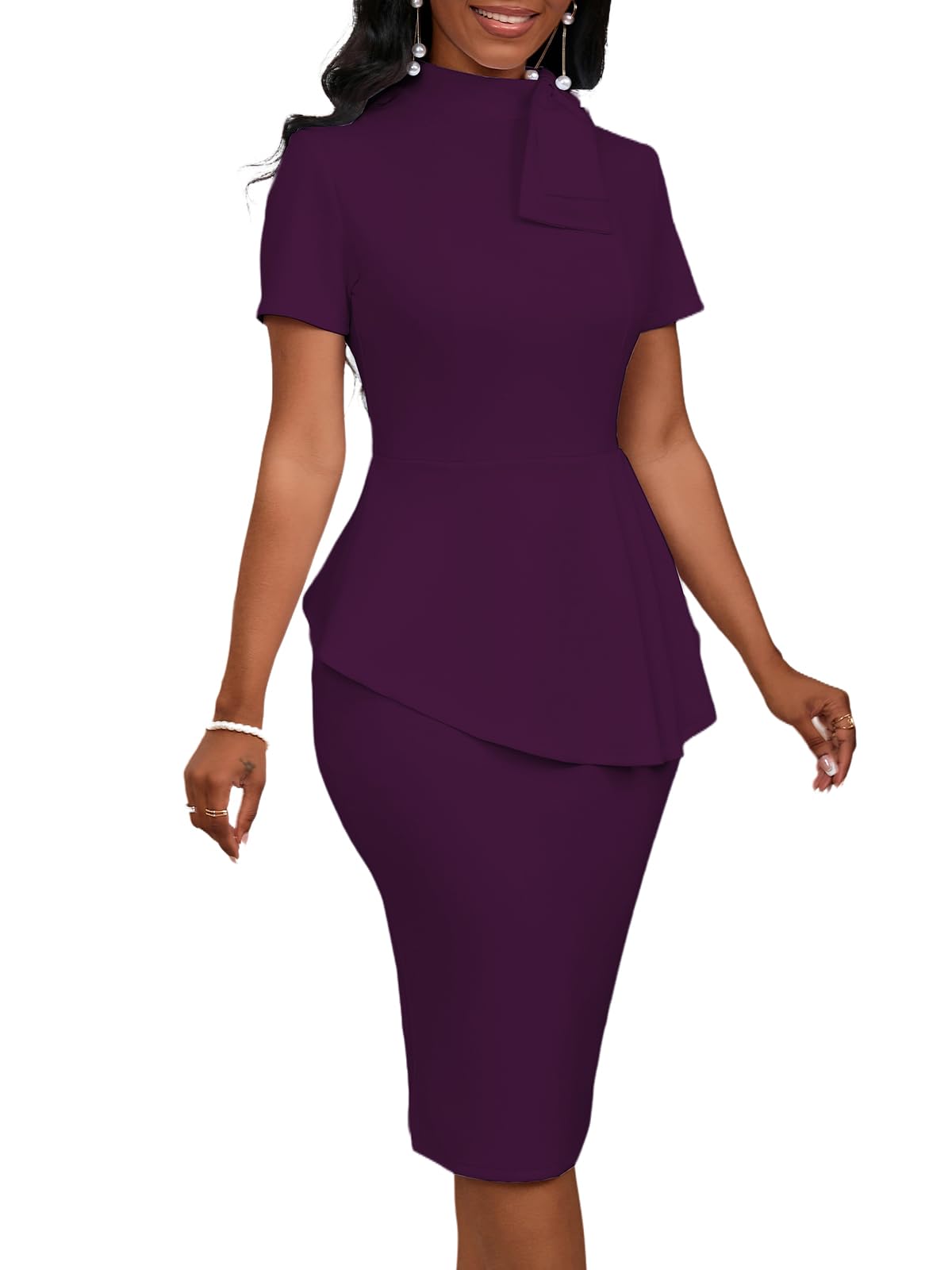 Elegant Women's Formal Bodycon Peplum Cocktail Dress with Short Sleeve Bow Ruffle - Perfect for Parties, Weddings & Evening Events | Slim Fit Pencil Midi Dress for Special Occasions