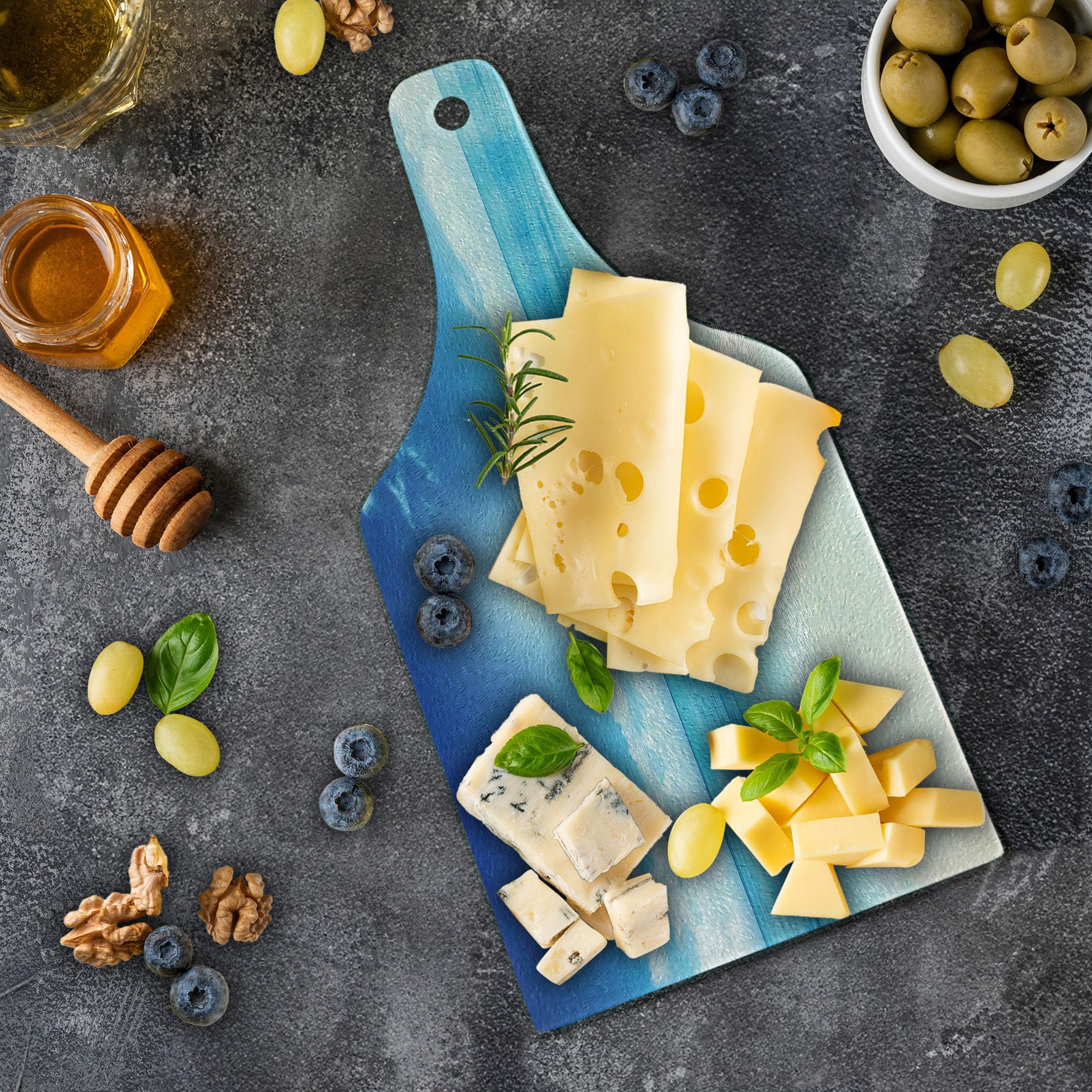 Ambesonne Ocean Themed Tempered Glass Cutting Board - Caribbean Beach View, Wine Bottle Shape, Cream Turquoise White - Perfect for Serving Cheese, Charcuterie & Entertaining Guests