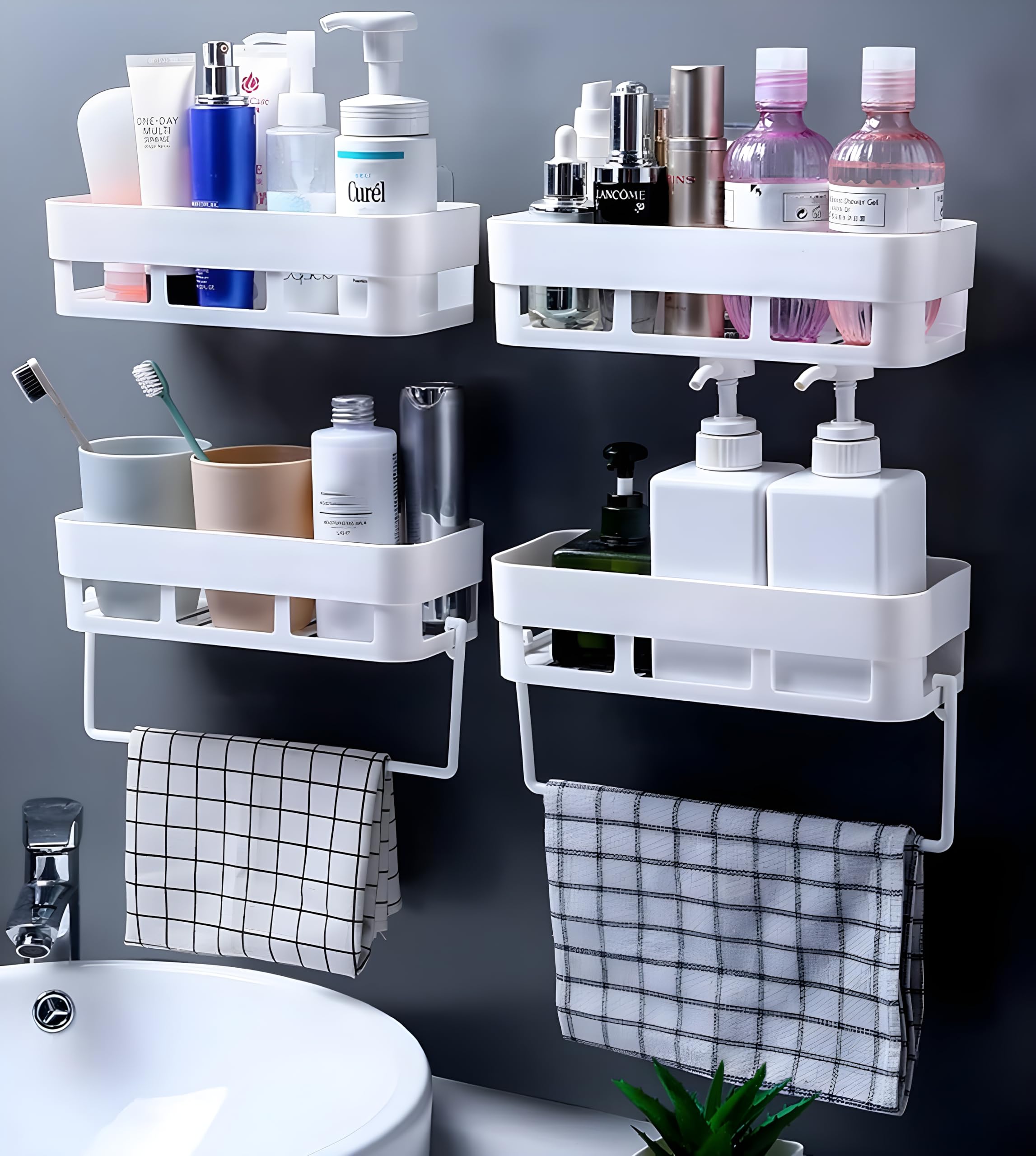 Satpurush 4-Pack White Plastic Bathroom Wall Mounted Shelf Organizer - Bathroom Storage Rack, Bathroom Hardware & Accessories for Shower, Vanity & Toilet Organization