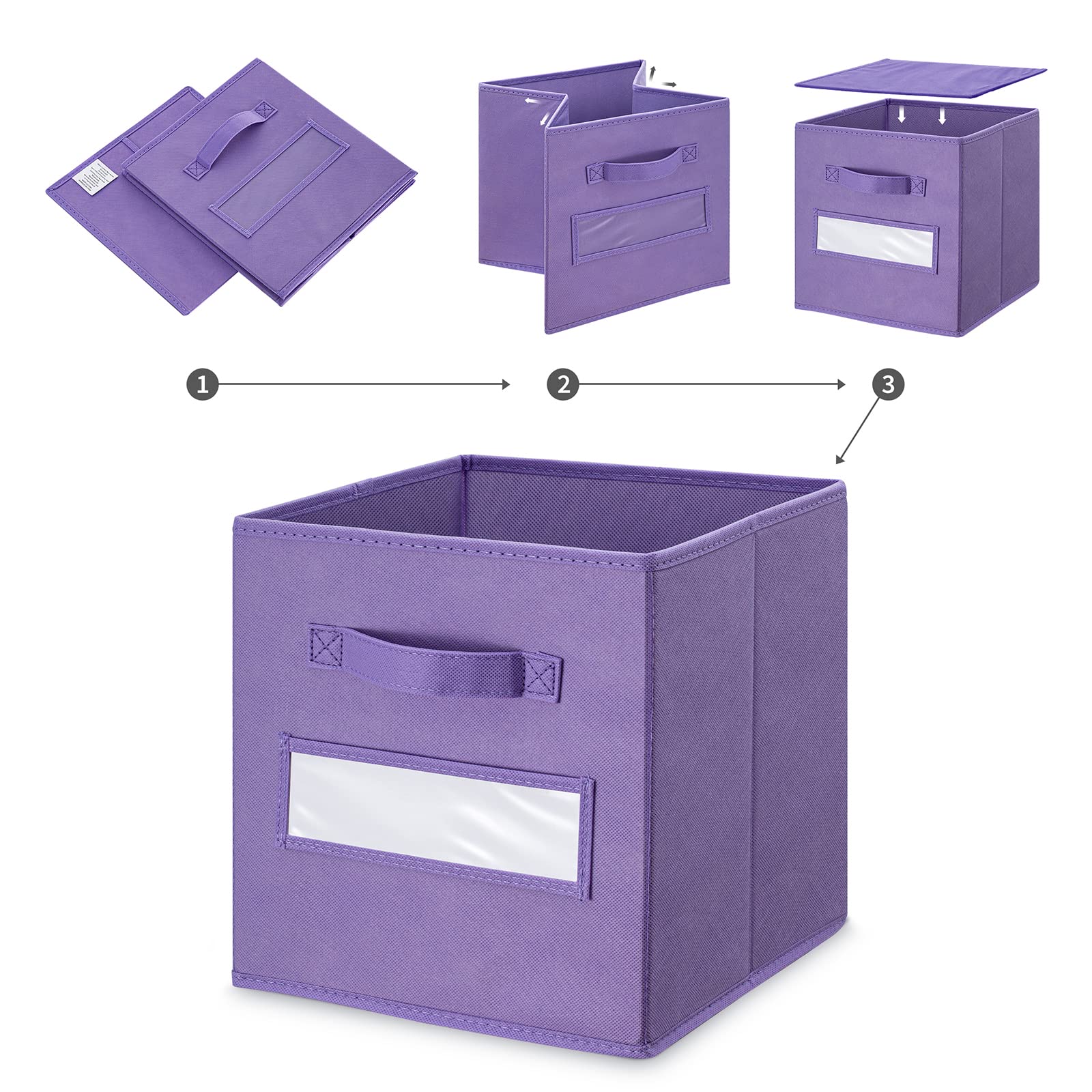 11 Inch Foldable Fabric Storage Cubes (Set of 10) - Purple Closet Organizers with Labels & Pen - Perfect for Shelves, Toy Storage & Home Organization Bins