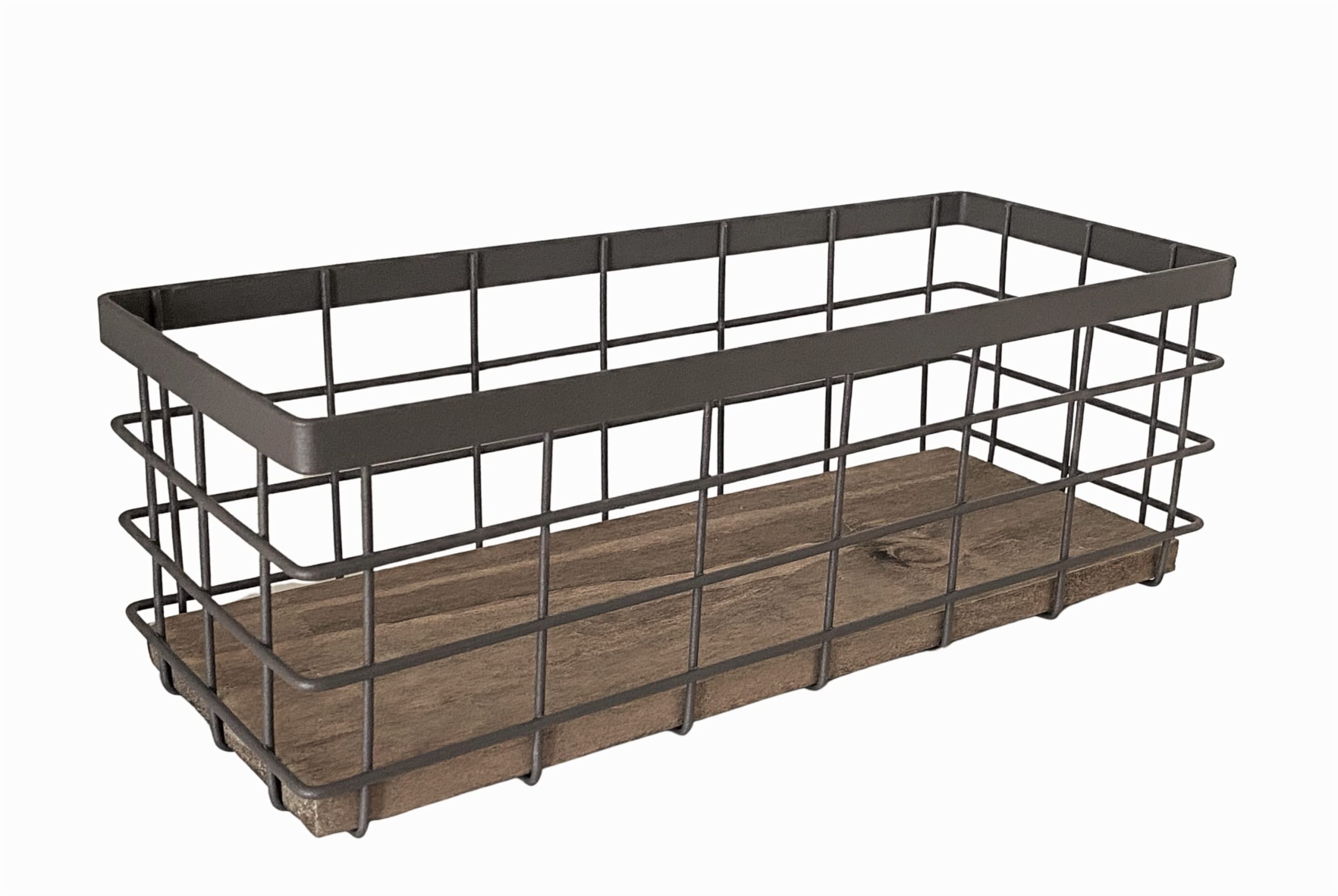 Small Metal Wire Storage Basket with Wood Base - Farmhouse Organizer for Kitchen, Bathroom & Laundry | Holds Coffee Pods, Towels, Spices & Mail | Rustic Brown Home Decor for Countertops & Cabinets