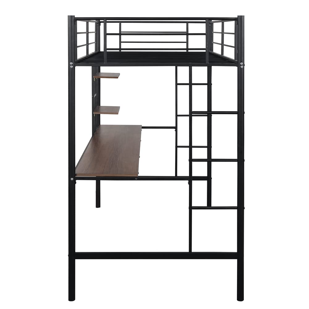 Twin Size Loft Bed Frame with MDF Desk & Storage Shelves - Metal Bedroom Furniture with Guardrails & Ladder - Space-Saving Workstation for Small Apartments, Dorms, Kids Rooms & Home Offices
