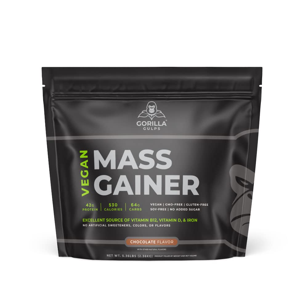 Vegan Chocolate Mass Gainer Protein Powder - 5lb Natural High Calorie Weight Gain Supplement with Vitamin B12, D3 & Iron | 530 Calories per Serving, 18 Servings | GMO, Gluten & Soy Free, No Artificial Ingredients | Perfect for Post-Workout Recovery & Muscle Building