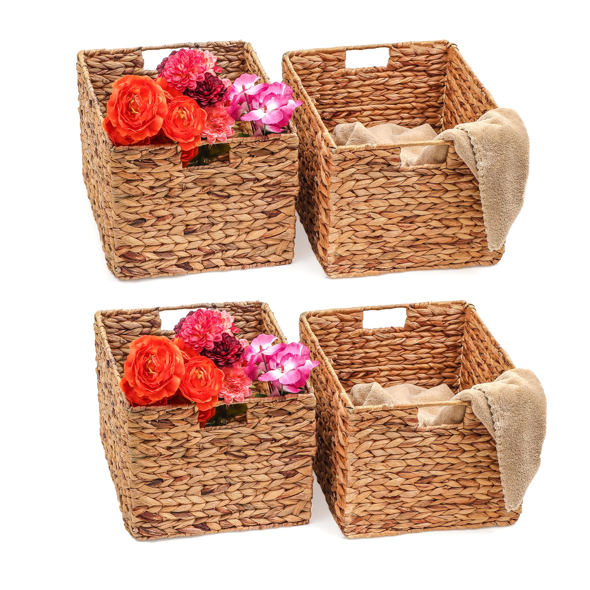 Trademark Innovations Large Foldable Rectangle Wicker Storage Baskets - Set of 4, Natural Woven Bins for Home Organization | Perfect for Closet, Laundry Room, Nursery & Bathroom Storage