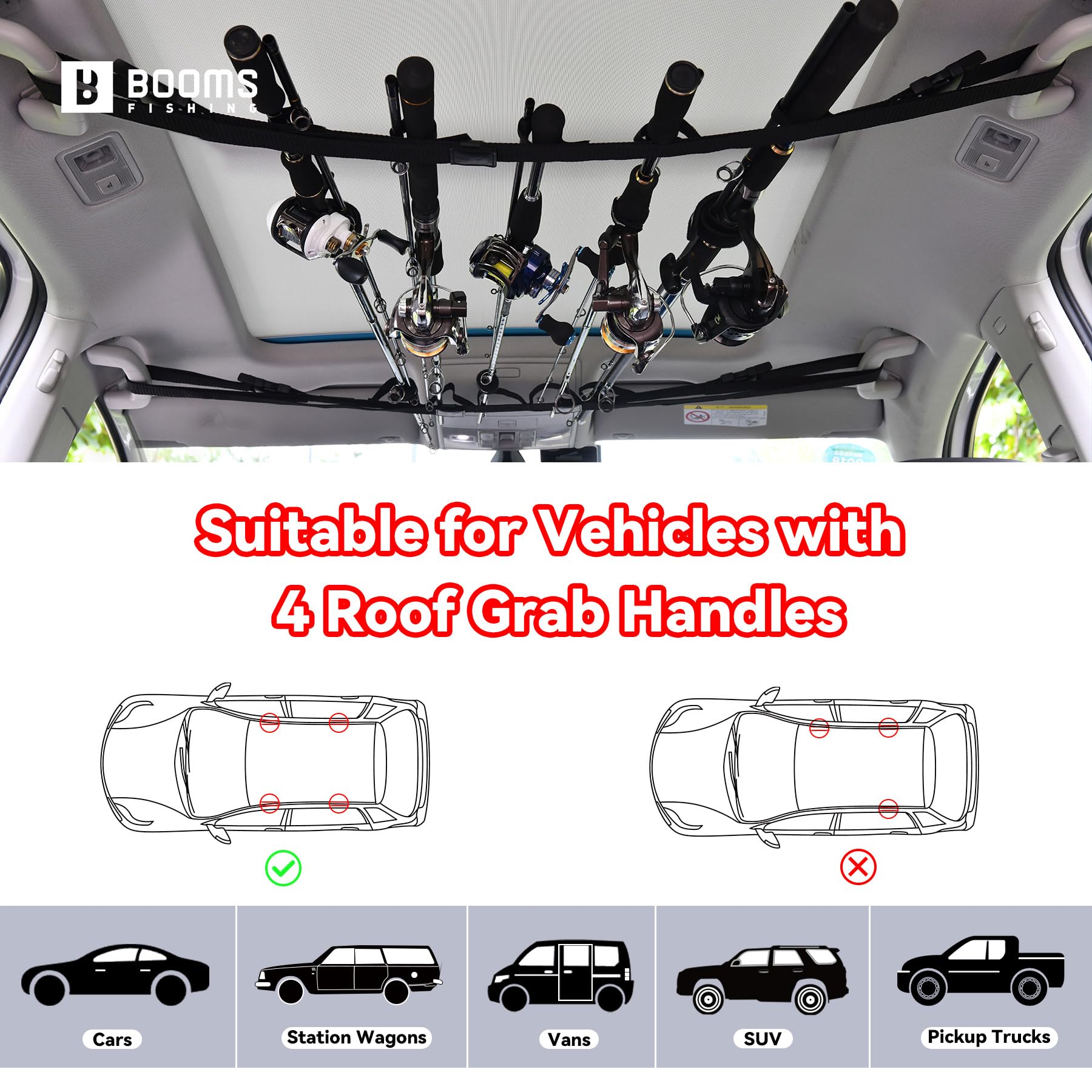 **Booms Fishing VRC Vehicle Rod Carrier – Car Fishing Rod Holder & Storage Rack for SUV, Wagon, Van, Jeep, Truck – 2 Styles: Roof Rack & Backseat Holder – Perfect for Road Trips, Camping & Outdoor Adventures**