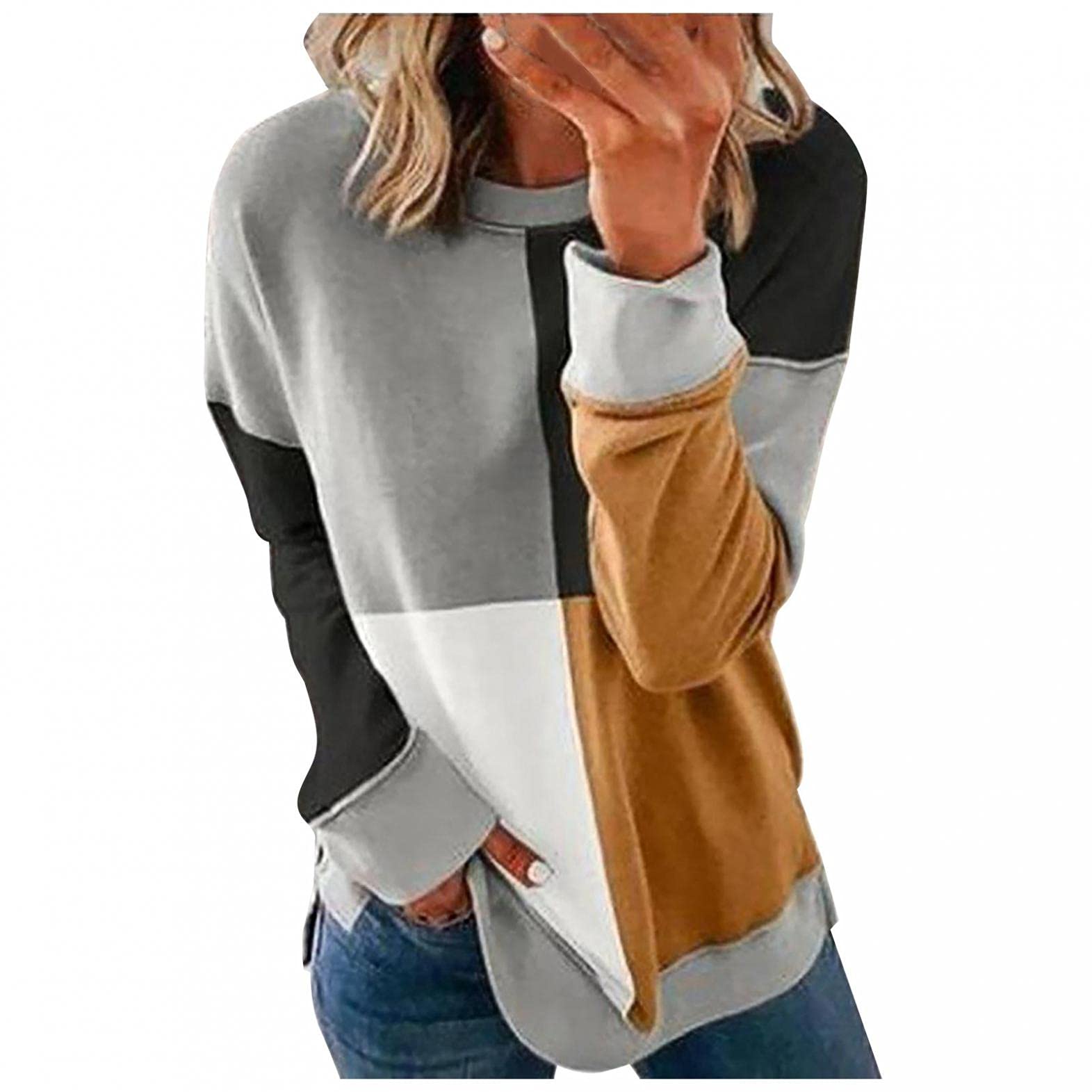 FABIURT Women's Long Sleeve Color Block T-Shirt - Casual Round Neck Blouse & Sweatshirt Top for Everyday Wear | Perfect for Work, Weekend Outings & Layering