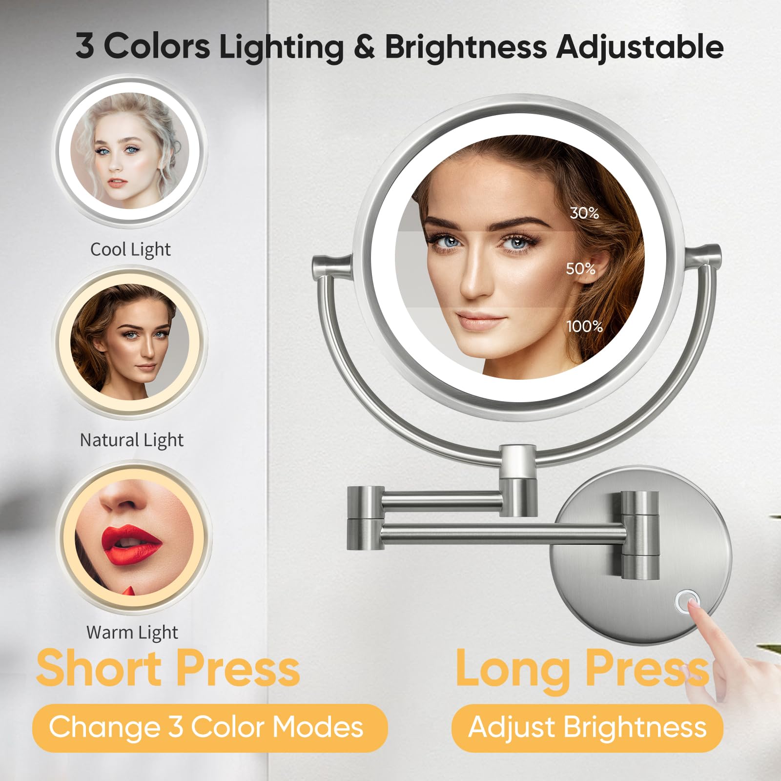 GURUN 8.5 Inch LED Lighted Wall Mount Makeup Mirror with 10x Magnification - Hardwired Nickel Finish Vanity Mirror for Bathroom, Bedroom & Dressing Room