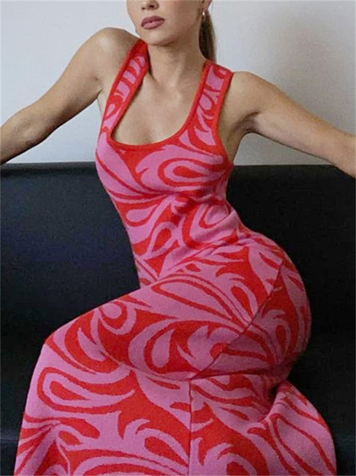 Y2K Print Knit Bodycon Dress for Women - Sexy Sleeveless Halter Neck Long Dress with Hollow Out Design | Perfect for Summer Parties, Club Wear & Street Fashion
