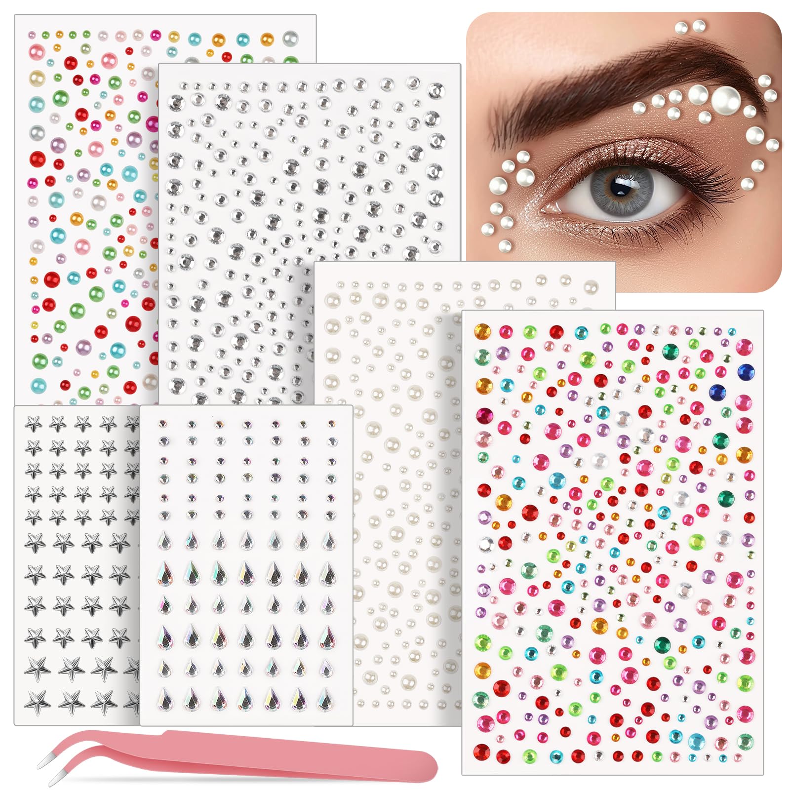 1450 PCS Self-Adhesive Face Gems Rhinestones Stickers - 3/4/5/6mm Pearls & Jewels for Makeup, Hair, Eyes, Nails, Body Art & DIY Crafts | Perfect for Festival, Party, Cosplay & Special Occasion Makeup