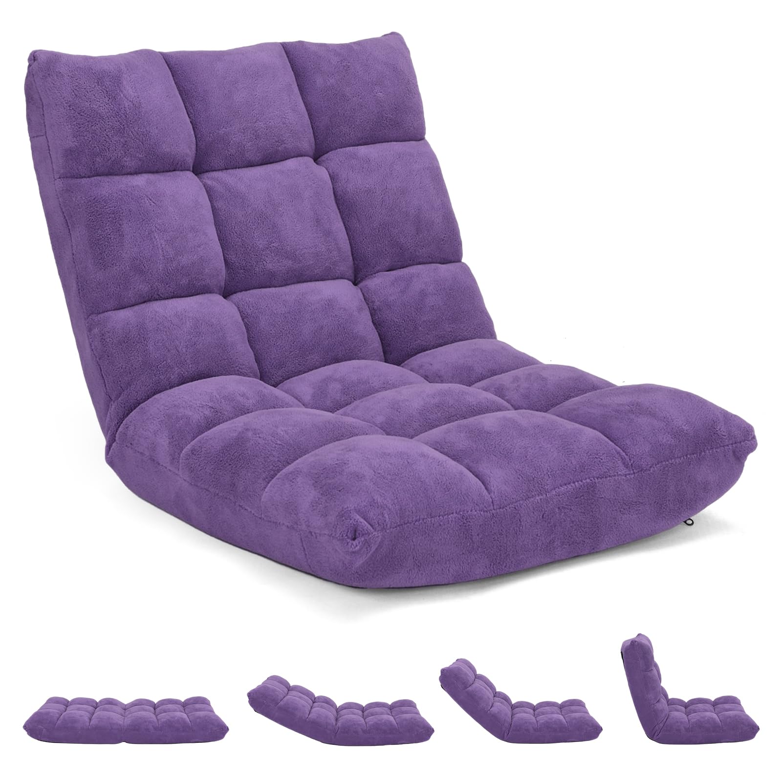 14-Position Adjustable Floor Sofa - Foldable Gaming Chair with Comfortable Cushions & Sturdy Steel Frame - Multi-Angle Recliner for Living Room, Bedroom, Dorm - Perfect for Gaming, Reading, Napping & Relaxing (Purple)