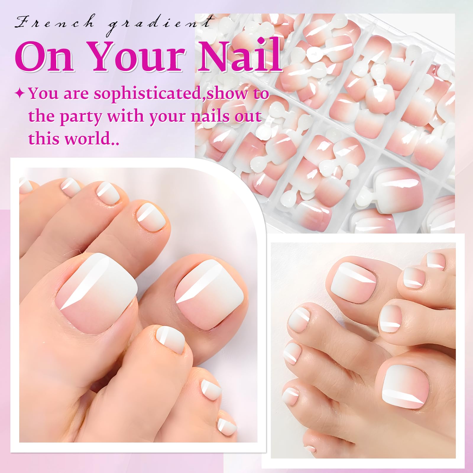 Loveourhome 144pc Ombre Press-On Toenails for Women - Fake Toe Nails with Glue Tabs, Acrylic Glue-On Toenails - Perfect for Pedicures, Parties, Vacations & Everyday Wear