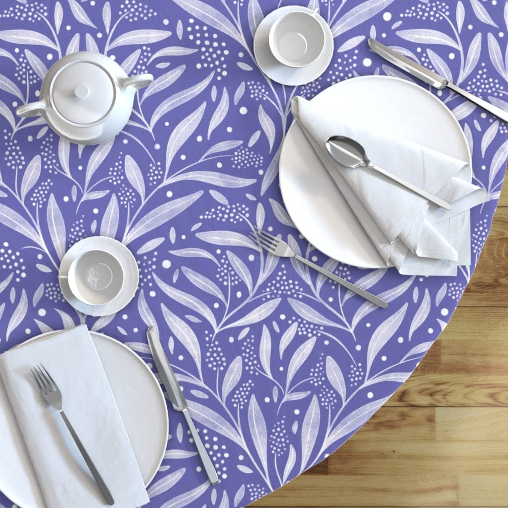 Premium Spoonflower Cotton Sateen Tablecloth - 90 Inch Round Periwinkle Floral Pattern with White, Purple & Greenery Print | Custom Washable Table Linens for Dining Room, Wedding & Party Decor