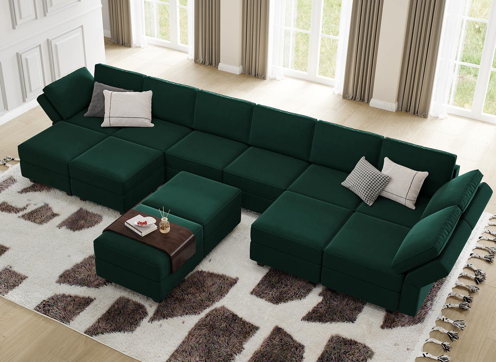 Belffin Oversized U-Shaped Modular Sectional Sofa with Reversible Double Chaises - Velvet Storage Sleeper Sofa in Green | Perfect for Large Living Rooms, Home Theaters & Family Gatherings