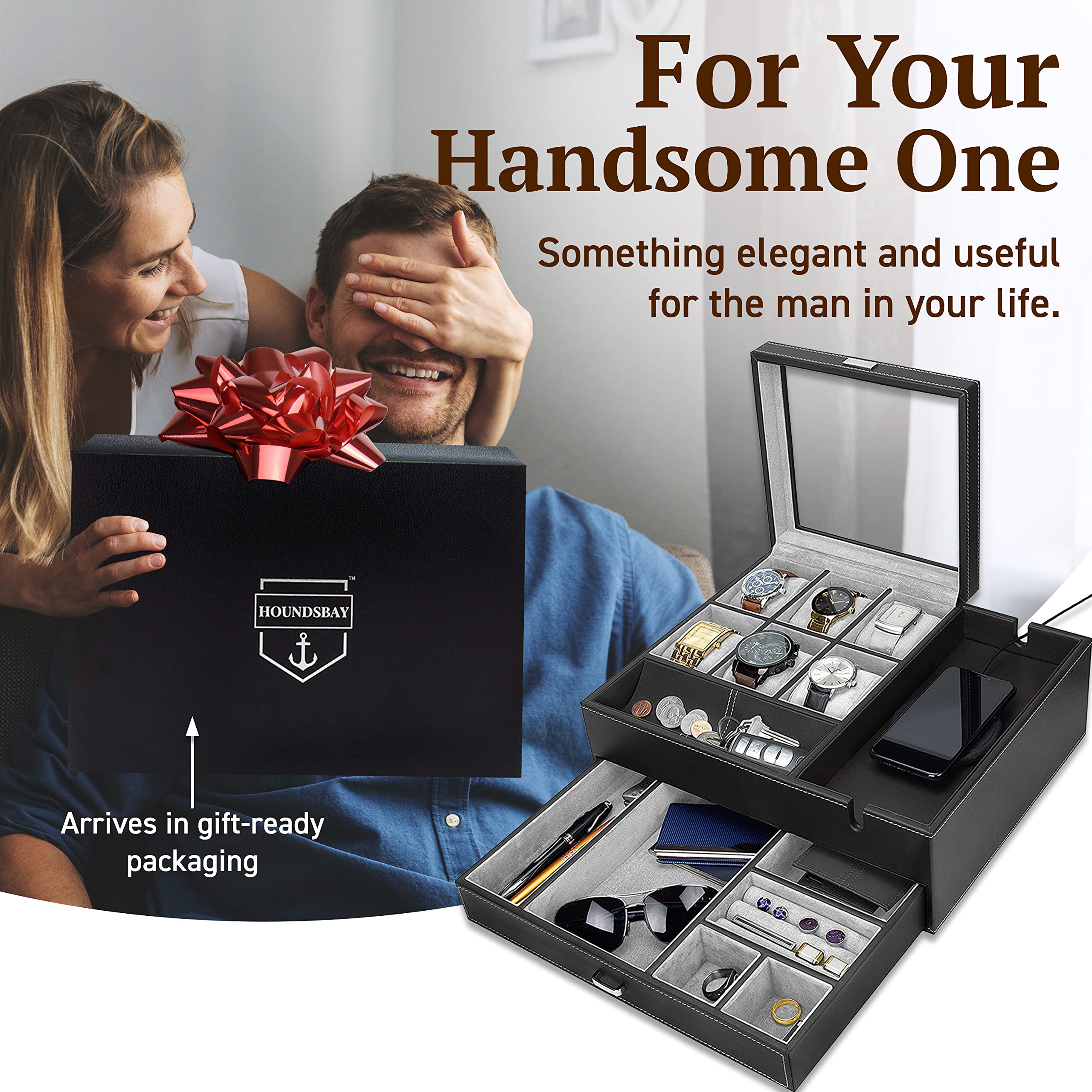 HOUNDSBAY Men's Watch Box & Jewelry Organizer - Display Case & Valet Tray for Nightstand