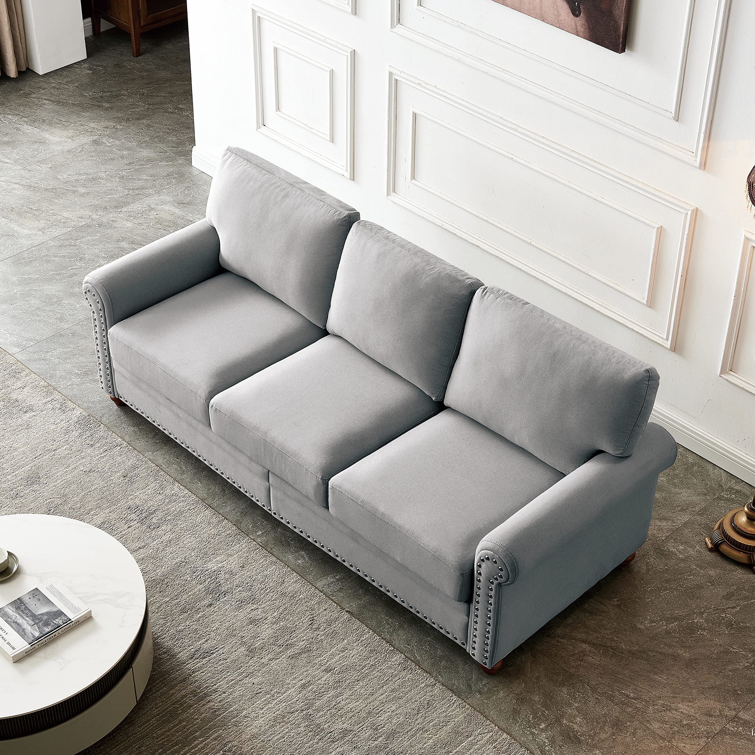 Modern Linen Fabric Upholstered 3-Seat Sofa Couch for Living Room - Grey Sectional Sofa for Home & Office | Comfortable Lounge Furniture for Family Gatherings & Relaxation