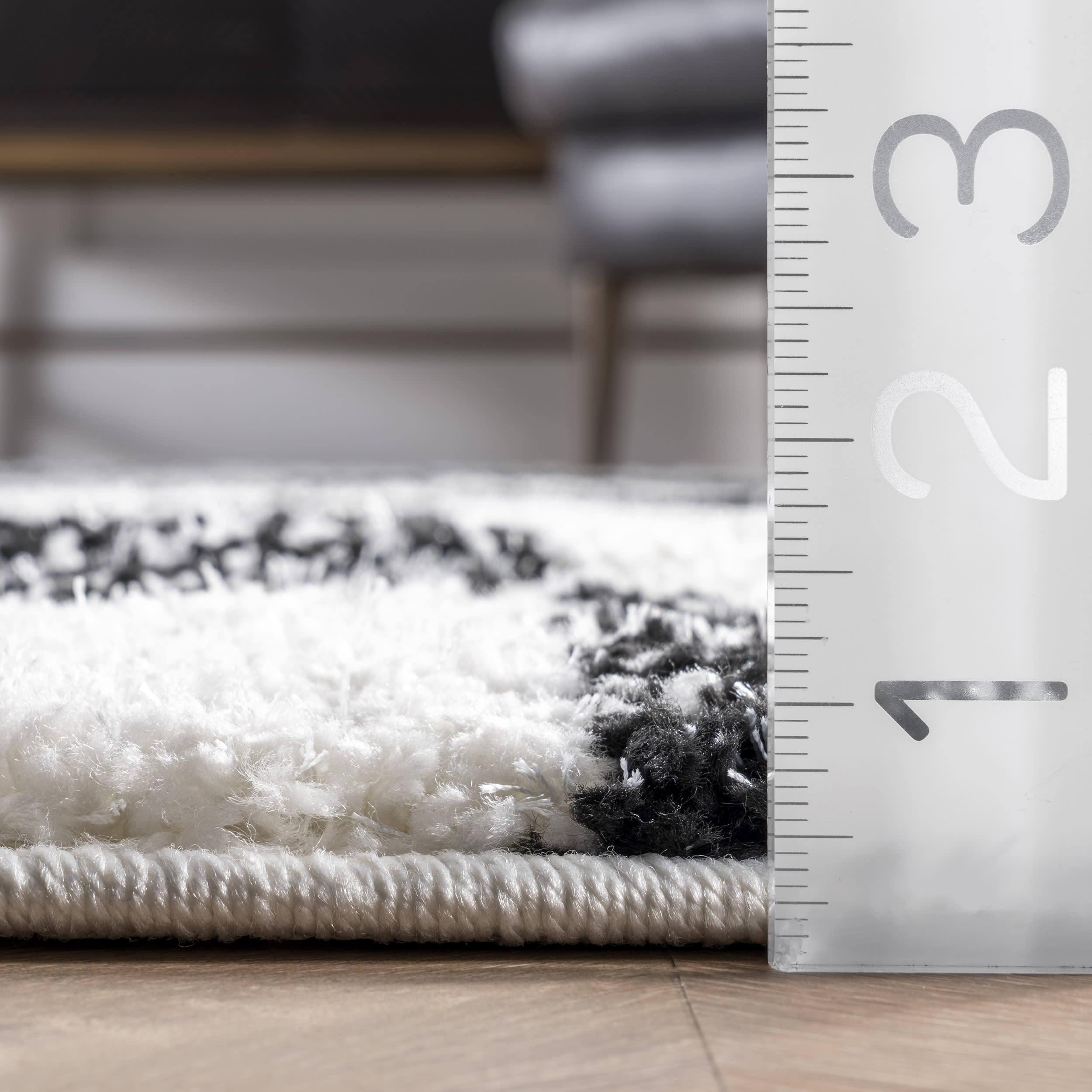 Faded Herringbone Shag Rug - Soft Black and White Area Rug for Living Room, Bedroom, or Office Decor