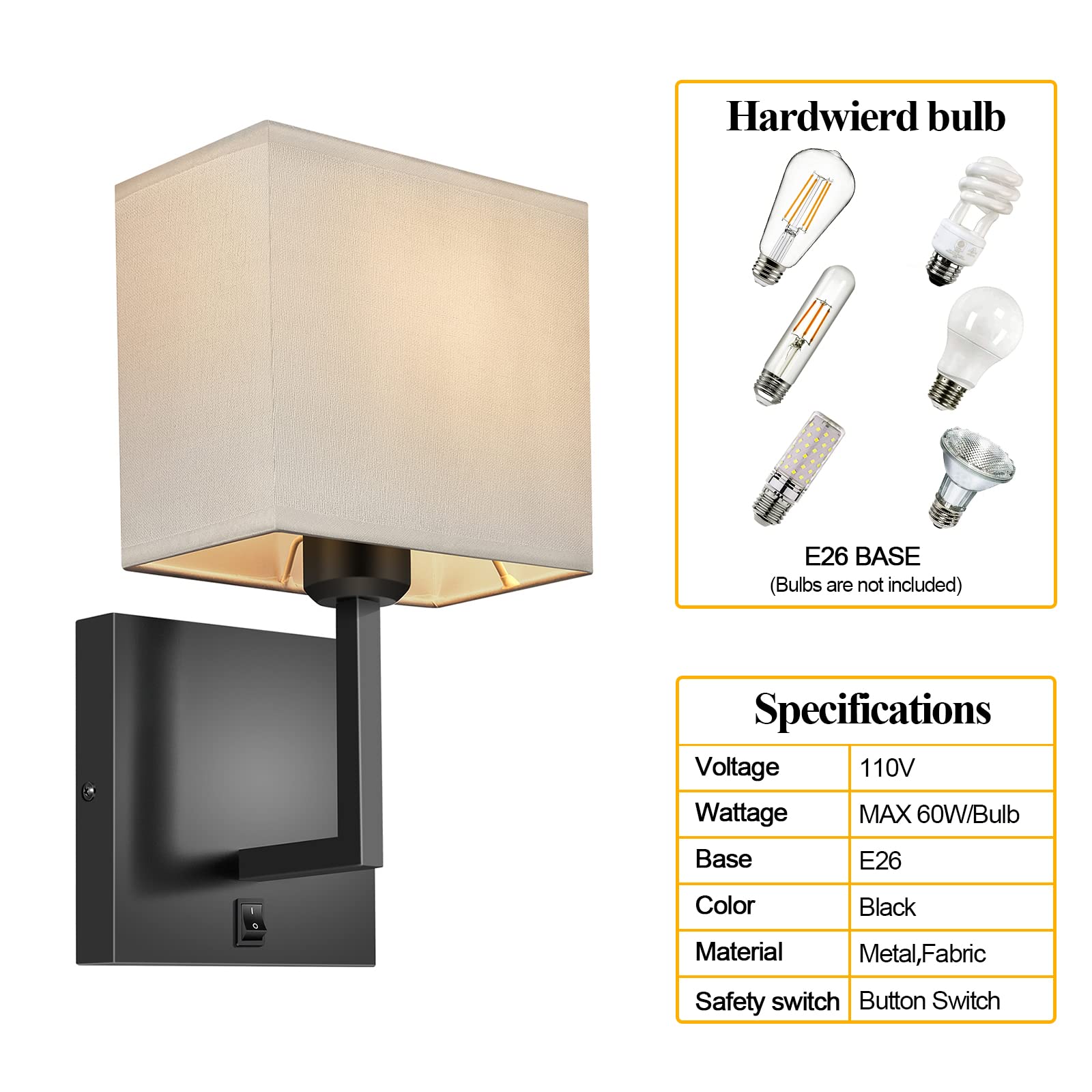 PASSICA DECOR 2-Pack Modern Hardwired Wall Sconces - Black Fabric Wall Mount Light Fixtures with Button Switch for Bedroom, Living Room, Fireplace & Farmhouse Decor | Indoor Wall Lighting for Cozy Ambiance & Nighttime Reading