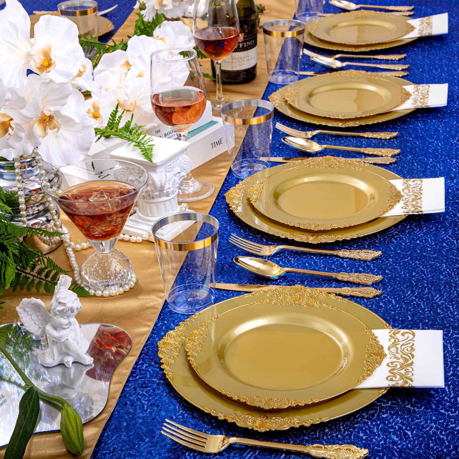 Morejoy 175PCS Elegant Gold Plastic Plates Set with Gold Rim - Disposable Dinnerware Includes 25 Dinner Plates, 25 Dessert Plates, 25 Cutlery Sets, 25 Napkins - Perfect for Wedding, Birthday Party, Baby Shower & Holiday Celebrations