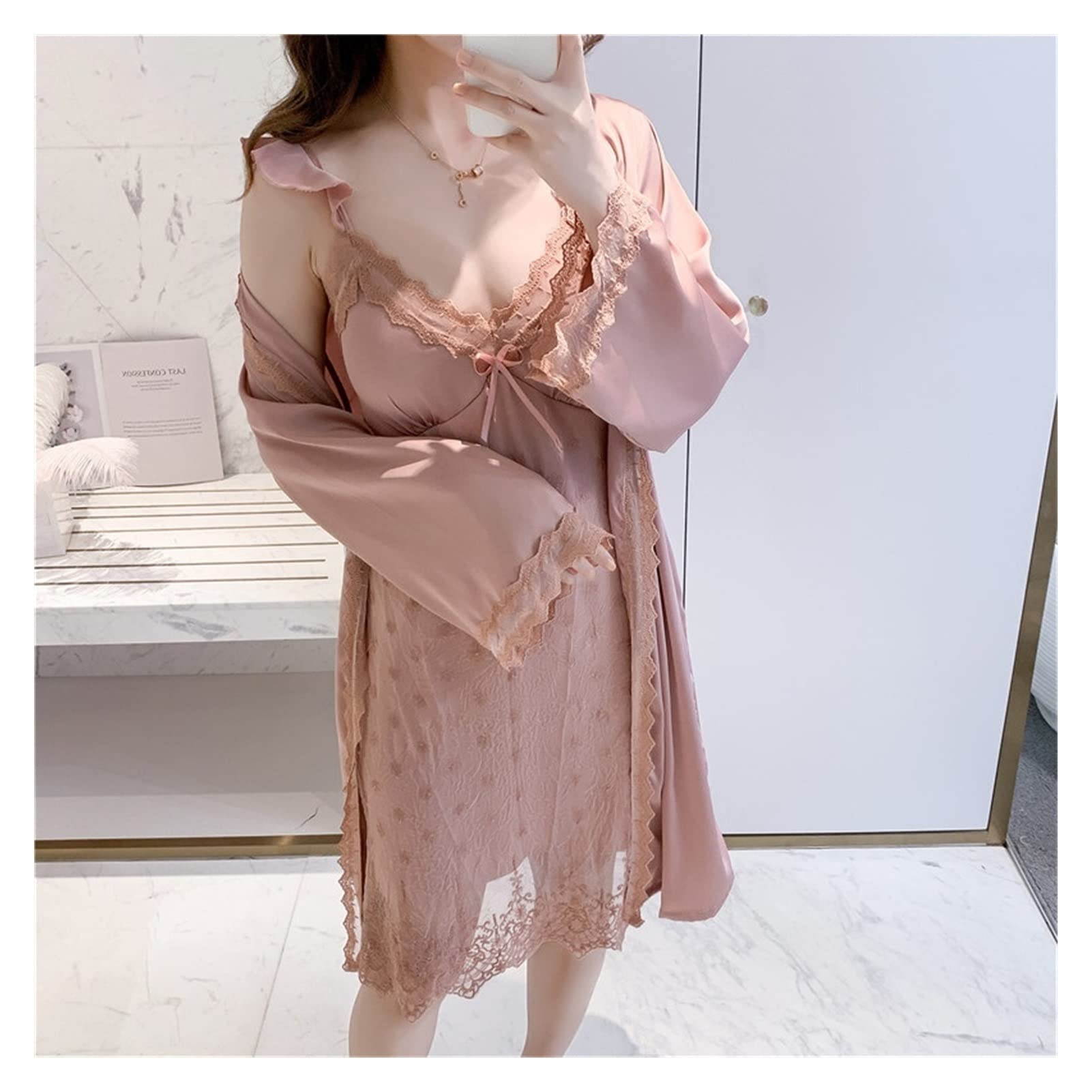 Sexy Silk Women's Pajama Set - 2 Piece Lace Nightgown with Suspender Bra & Robe - Summer Sleepwear for Women (XL) - Perfect for Bedtime, Lounge Wear & Romantic Nights